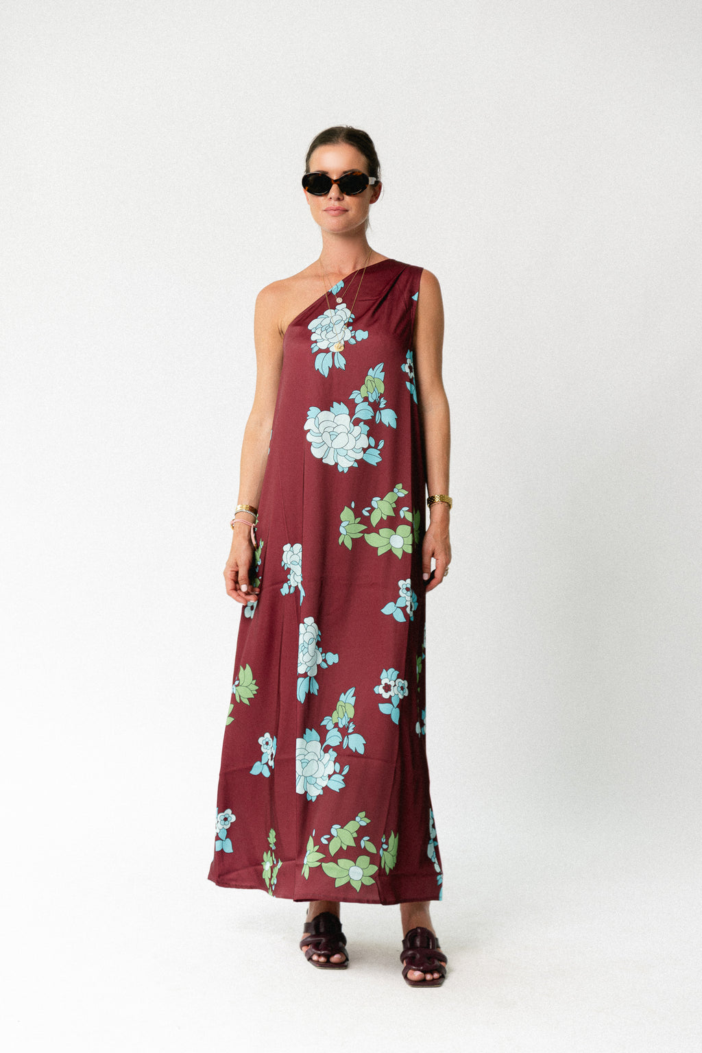 Nia one shoulder printed dress burgundy/hydrangea blue