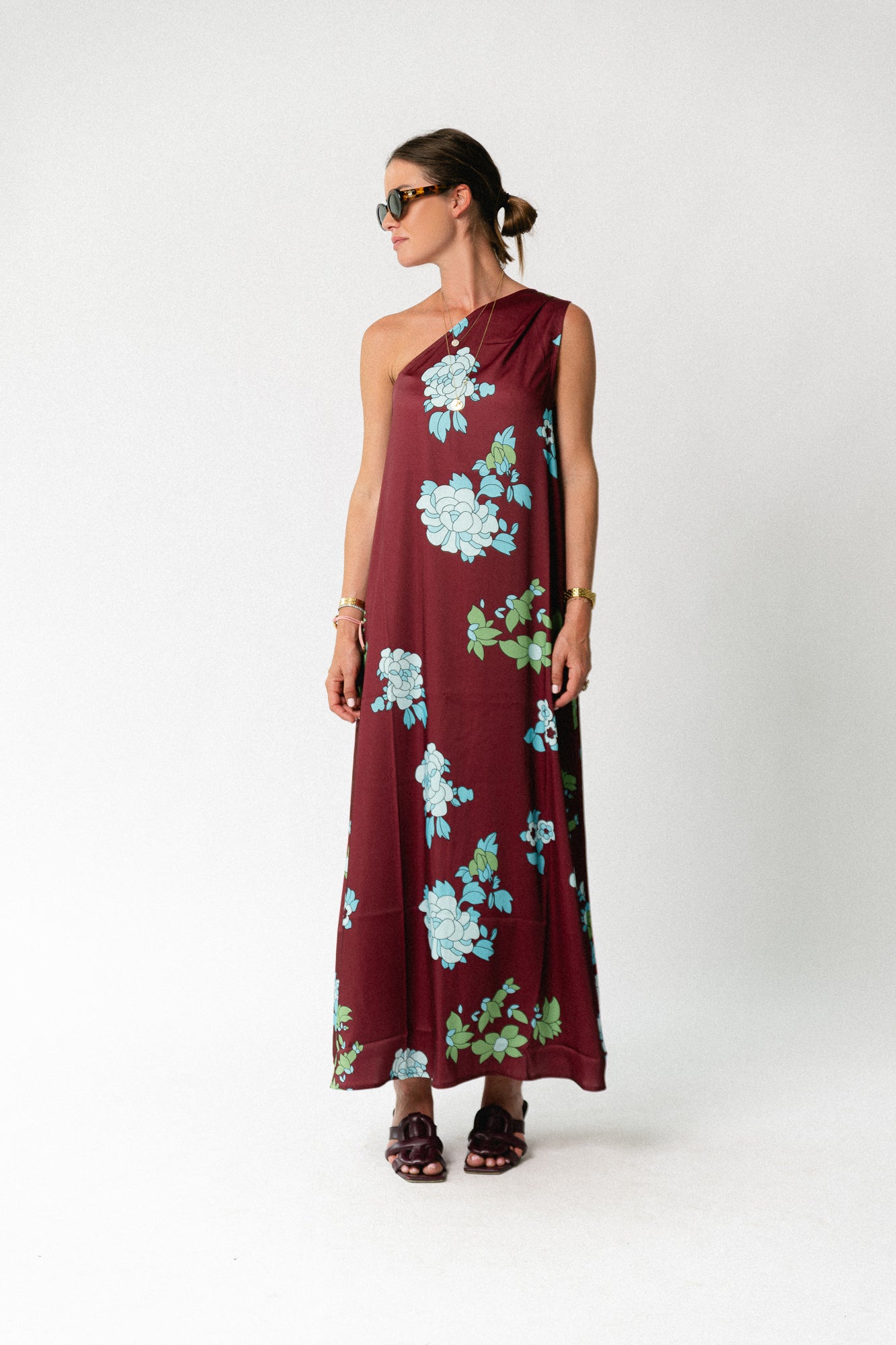 Nia one shoulder printed dress burgundy/hydrangea blue