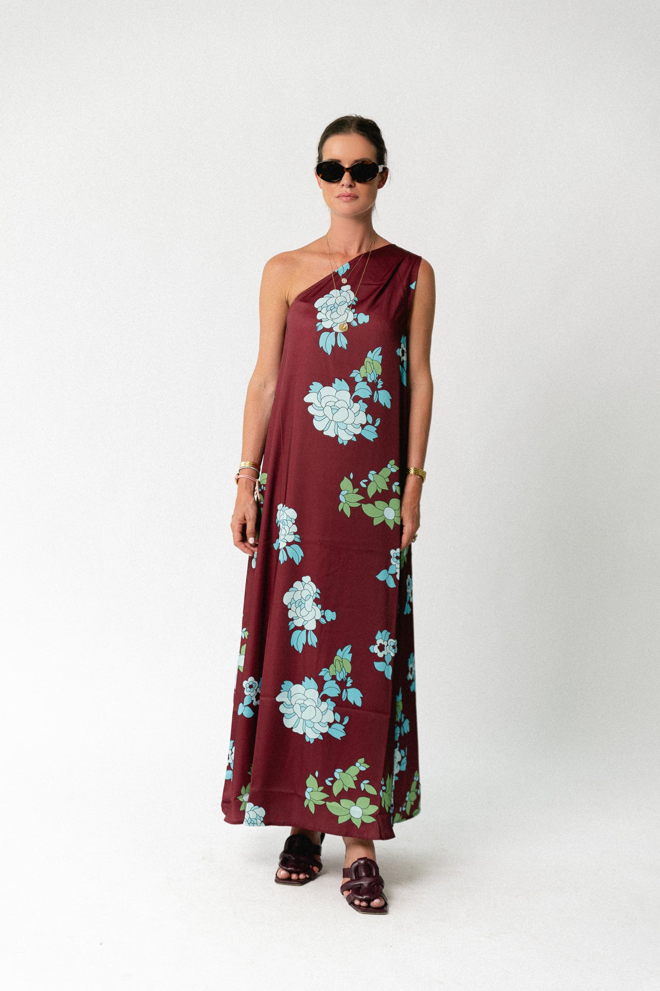 Nia one shoulder printed dress burgundy/hydrangea blue
