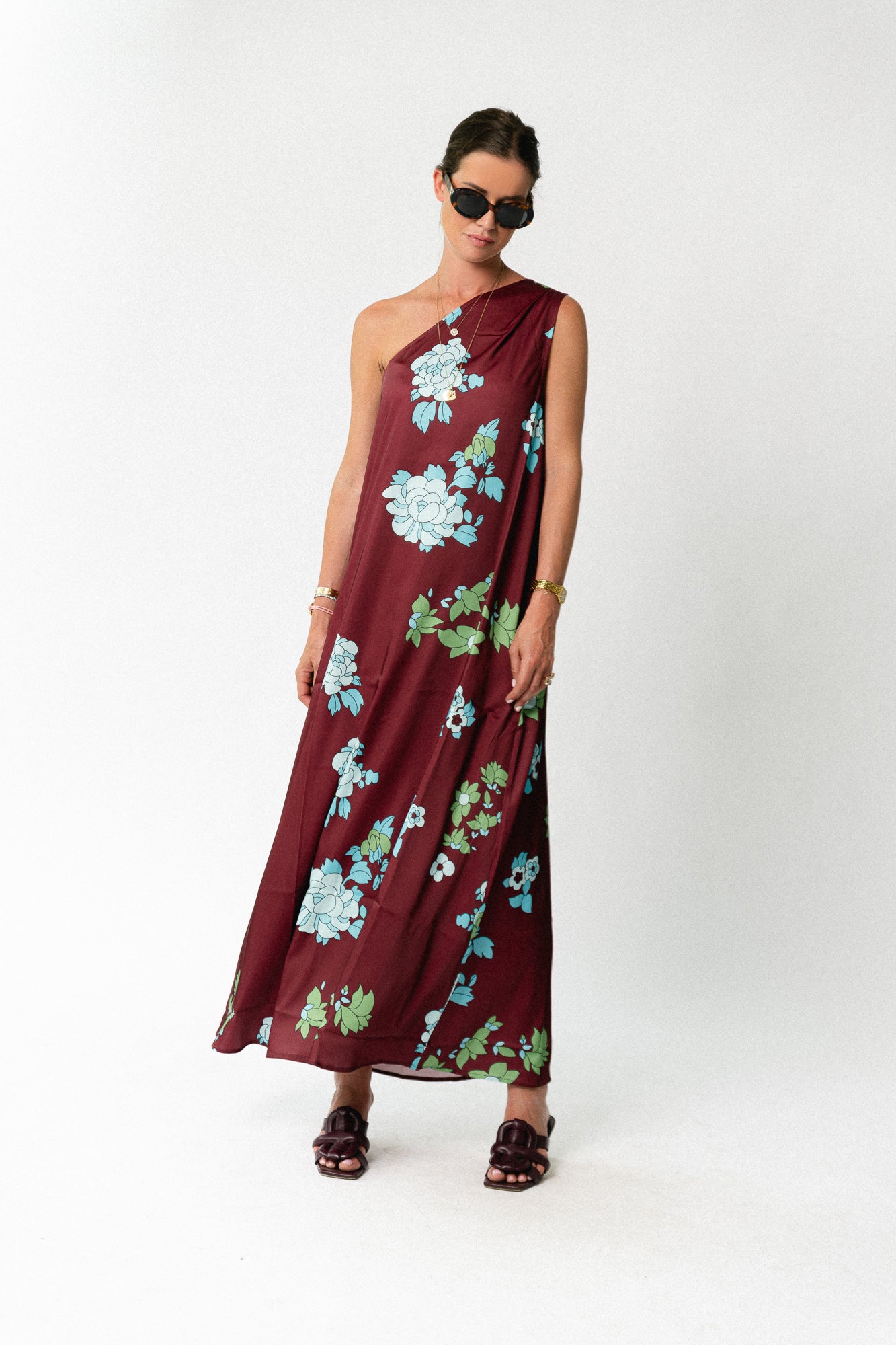 Nia one shoulder printed dress burgundy/hydrangea blue