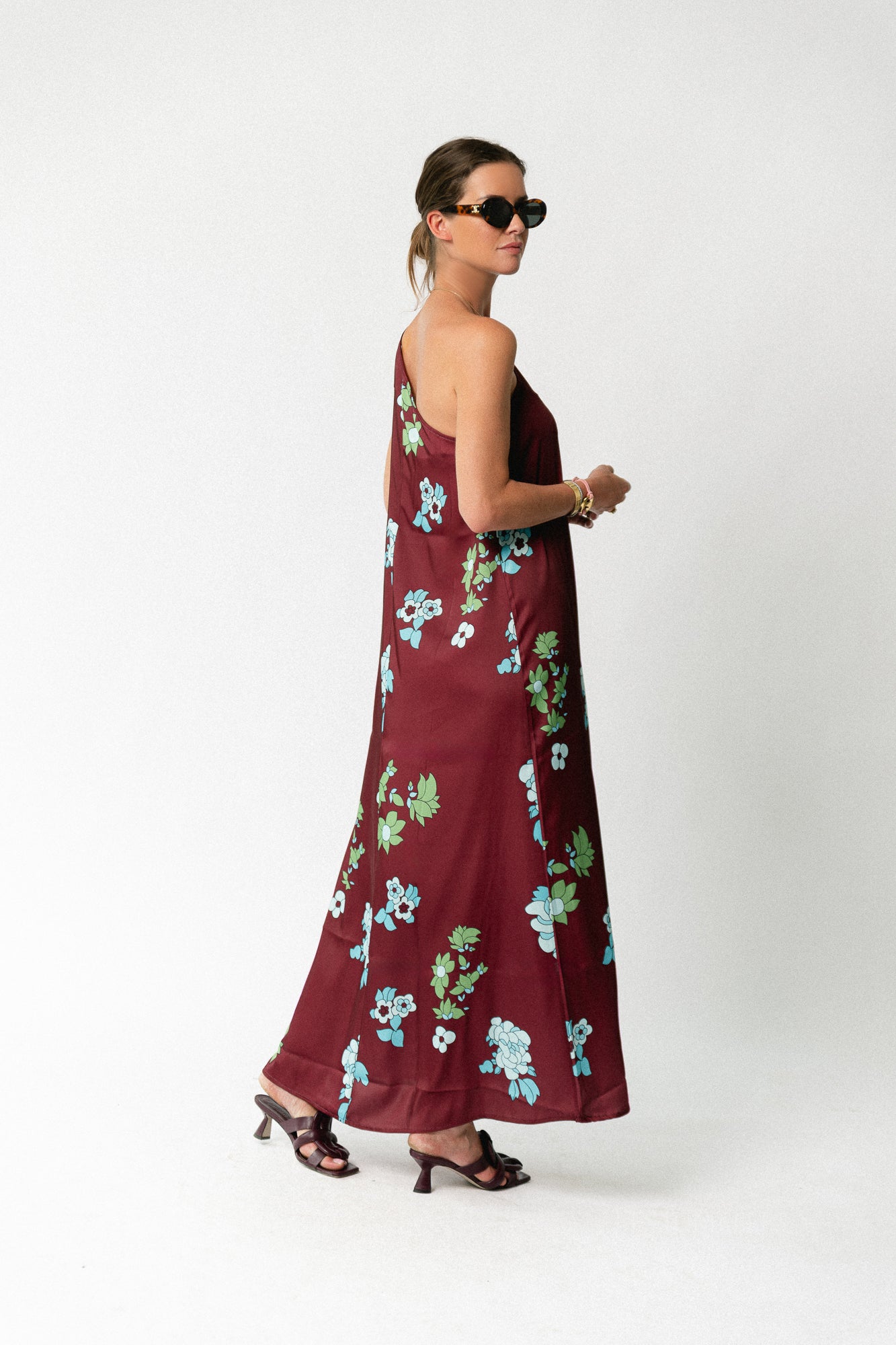 Nia one shoulder printed dress burgundy/hydrangea blue