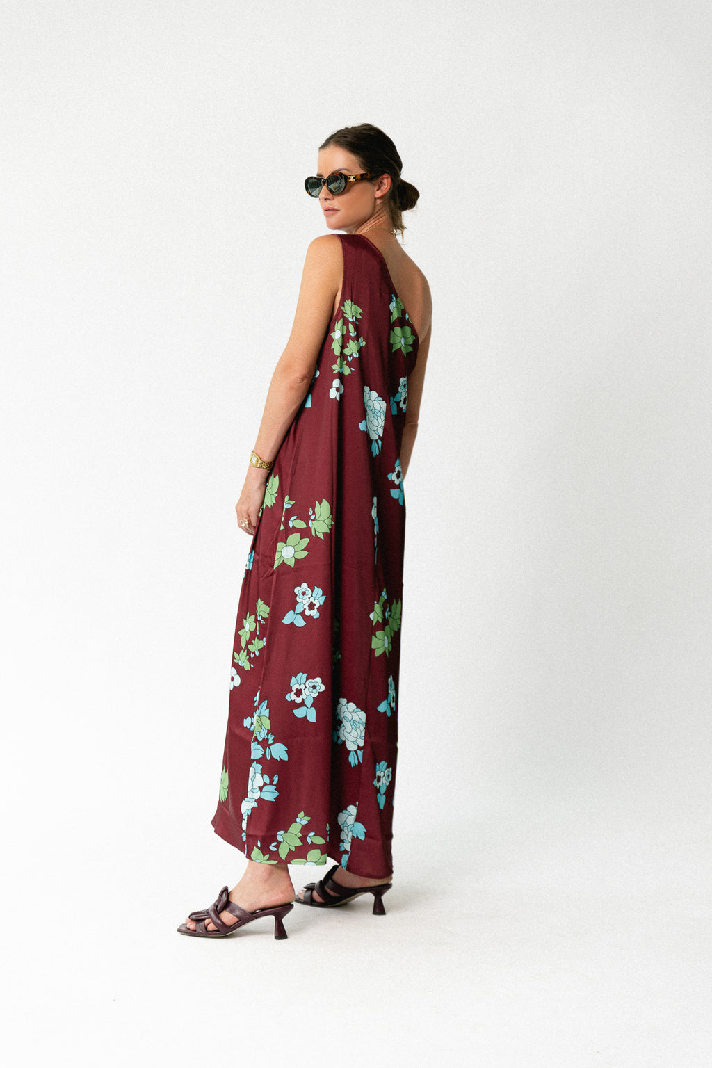 Nia one shoulder printed dress burgundy/hydrangea blue