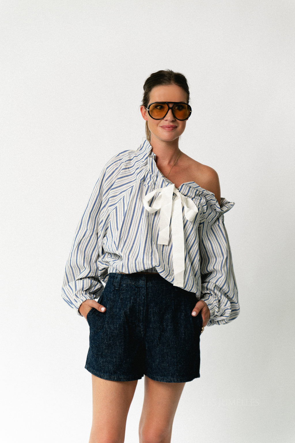 Isaline striped off shoulder blouse blue