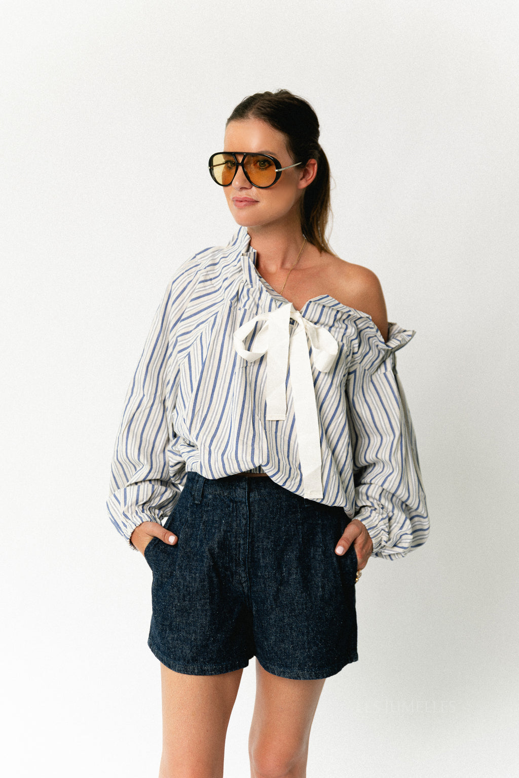 Isaline striped off shoulder blouse blue