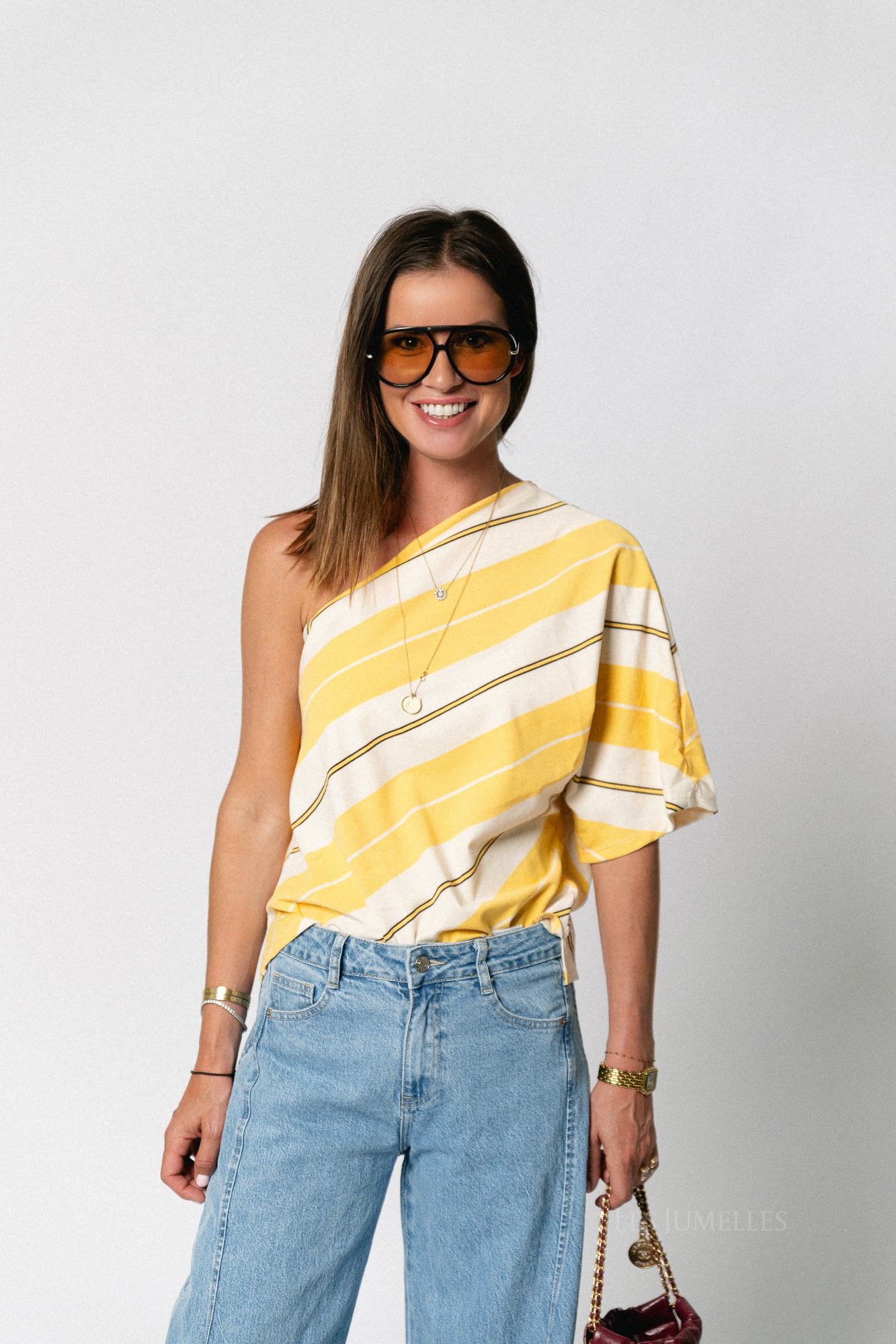 Amy striped one-shoulder shirt mimosa/ecru