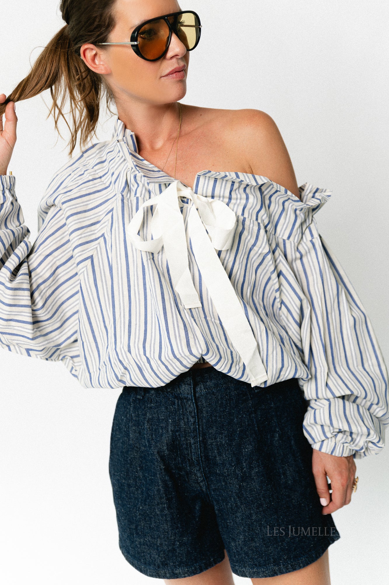 Isaline striped off shoulder blouse blue