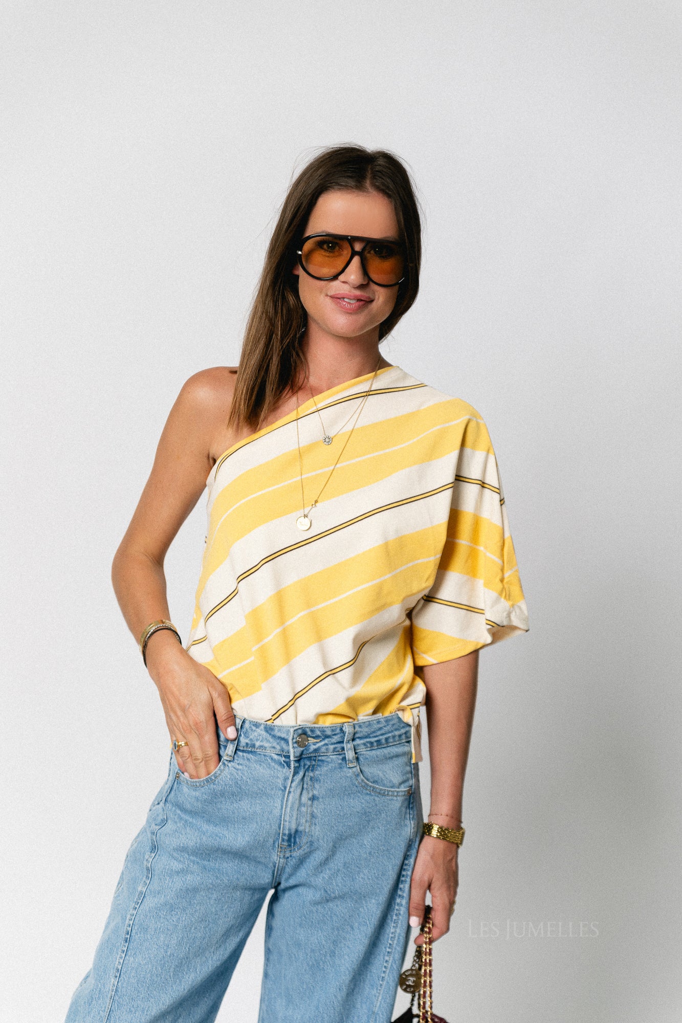 Amy striped one-shoulder shirt mimosa/ecru