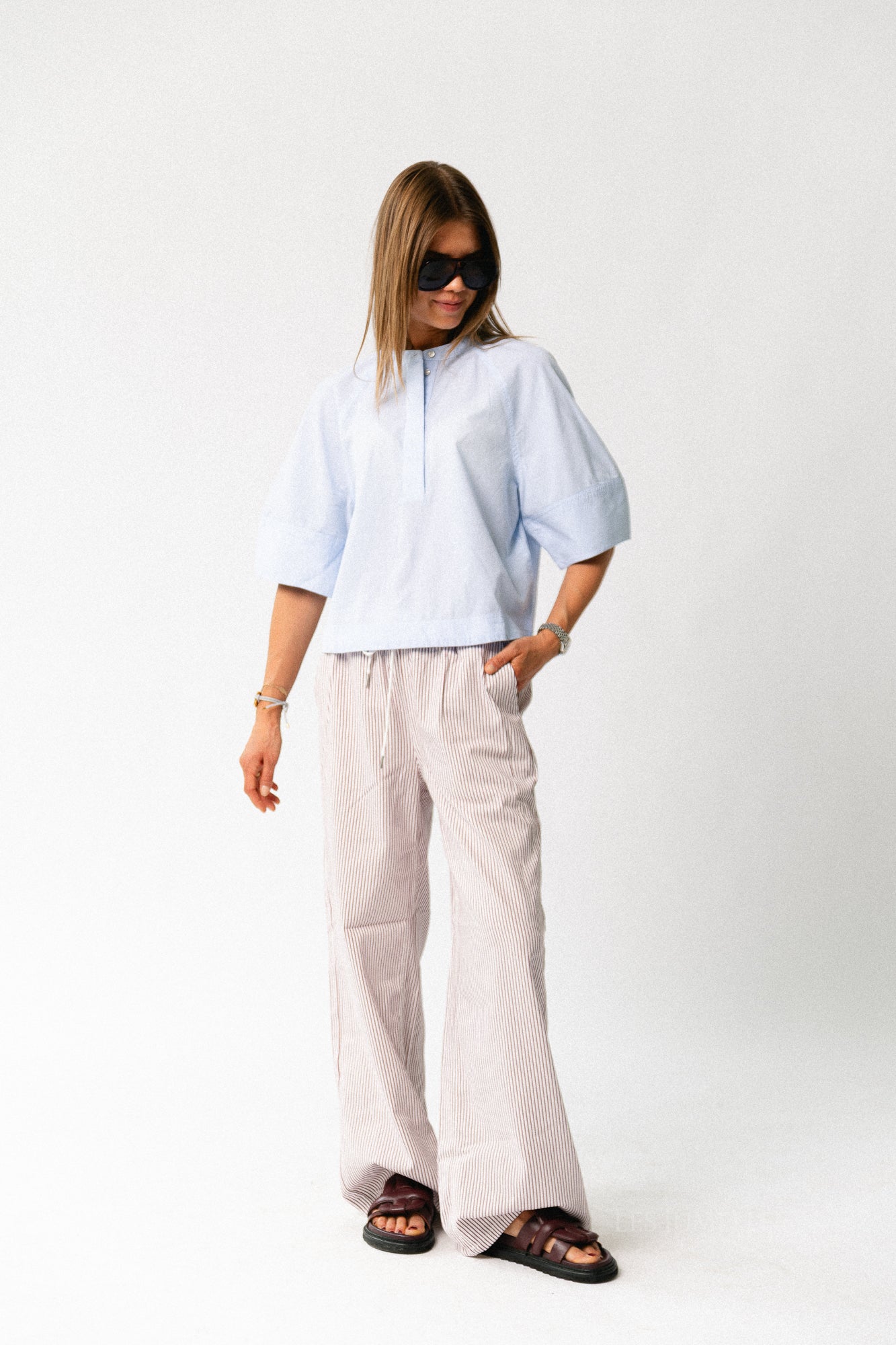 ROUTenne 2/4 china collar shirt cloud dancer/ice blue