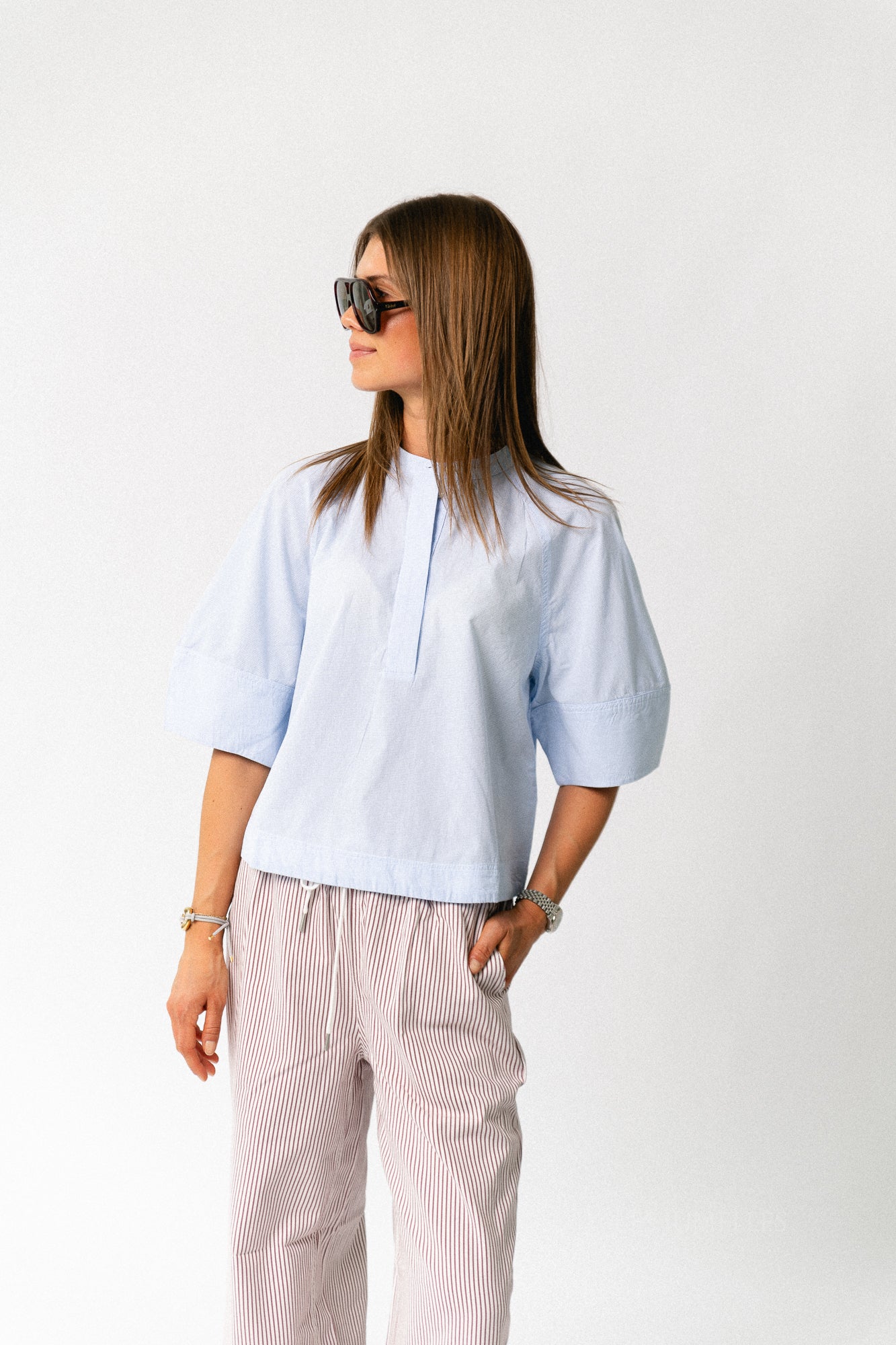 ROUTenne 2/4 china collar shirt cloud dancer/ice blue