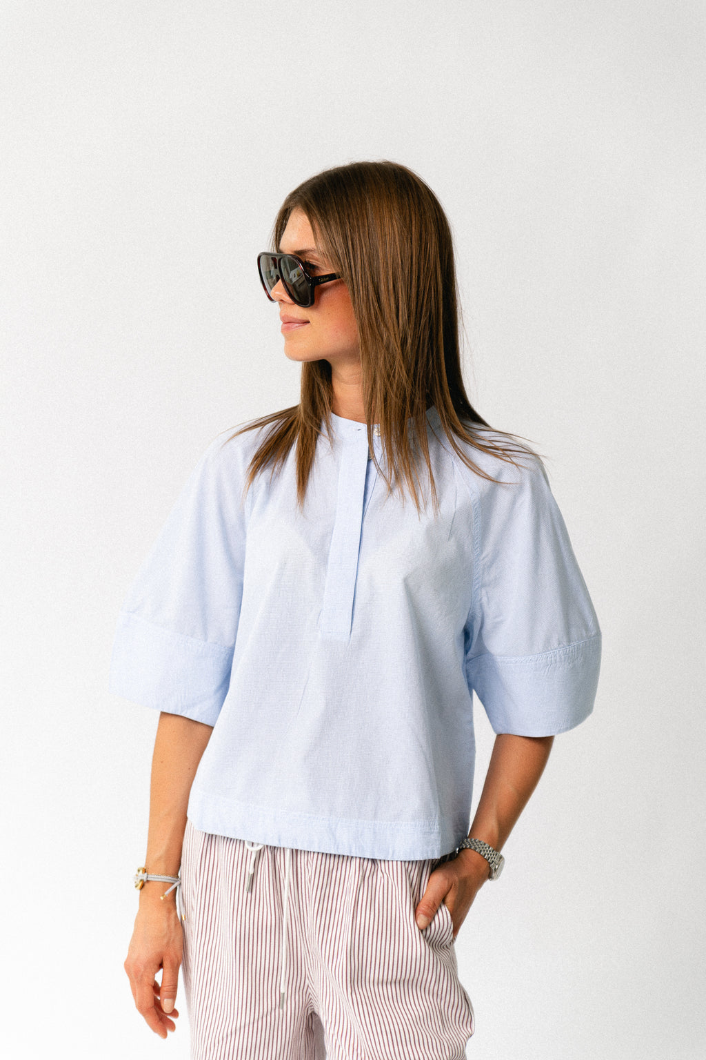 ROUTenne 2/4 china collar shirt cloud dancer/ice blue
