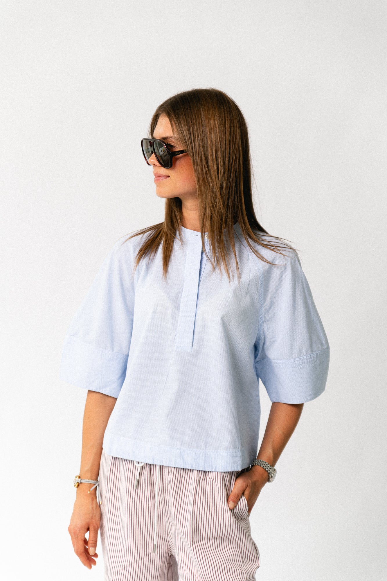 ROUTenne 2/4 china collar shirt cloud dancer/ice blue
