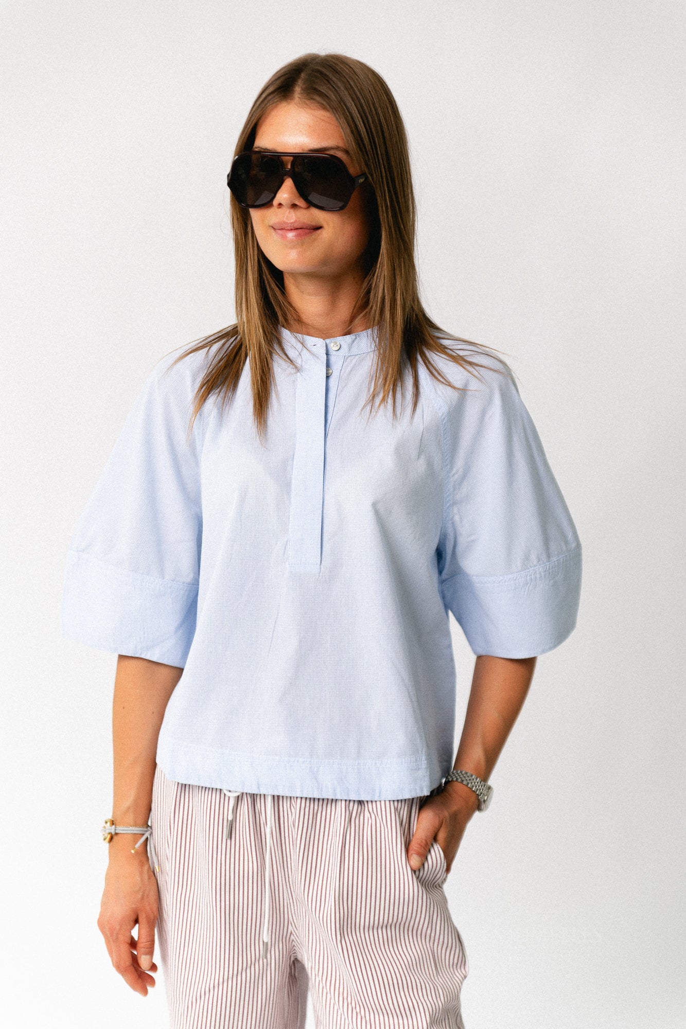 ROUTenne 2/4 china collar shirt cloud dancer/ice blue