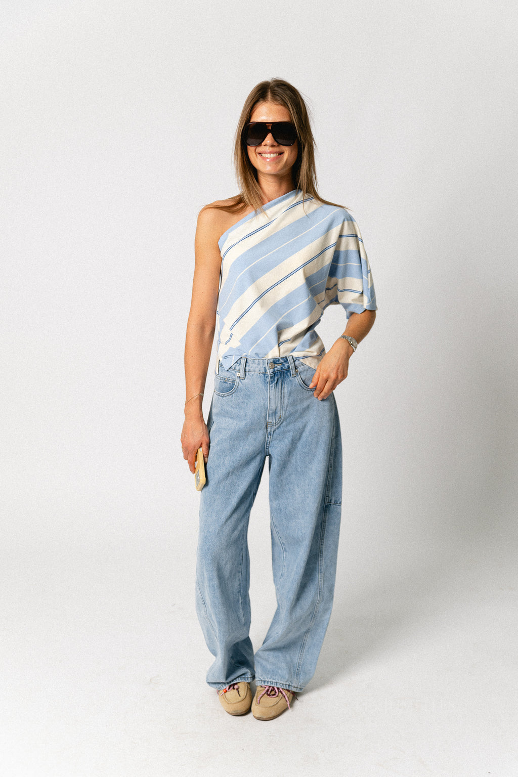 Amy striped one-shoulder shirt light blue/ecru