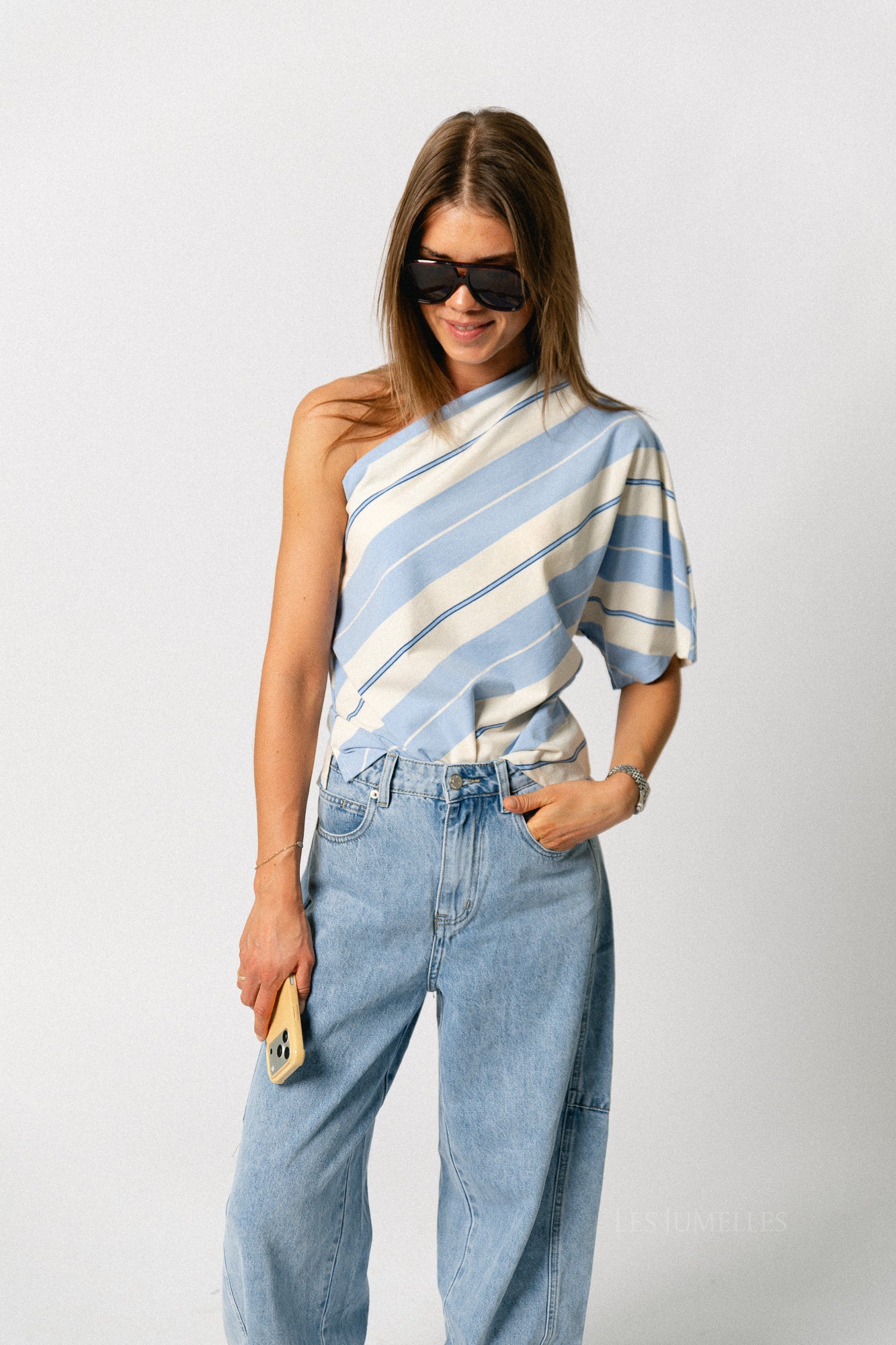 Amy striped one-shoulder shirt light blue/ecru