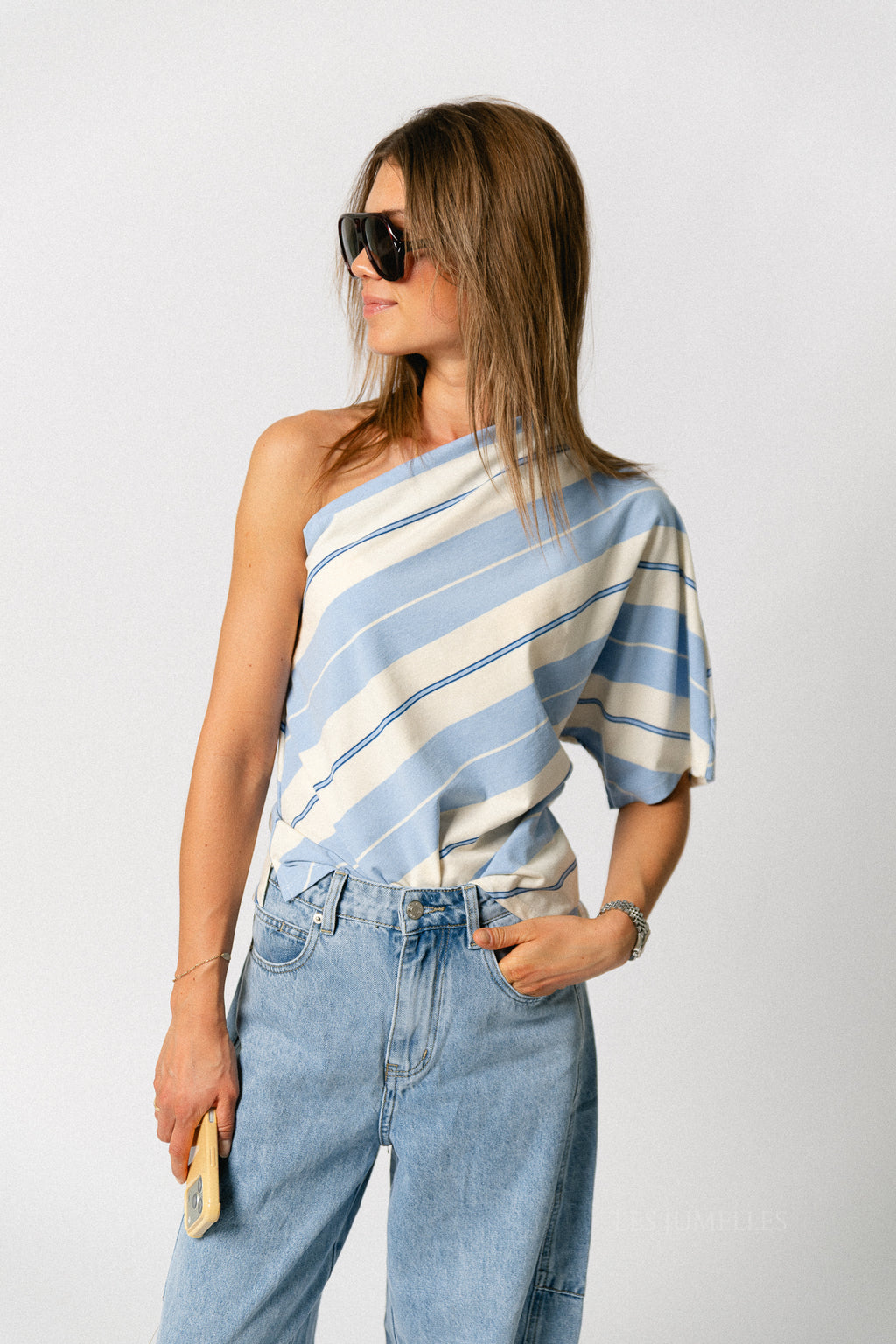 Amy striped one-shoulder shirt light blue/ecru
