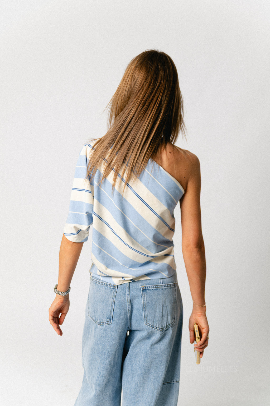 Amy striped one-shoulder shirt light blue/ecru