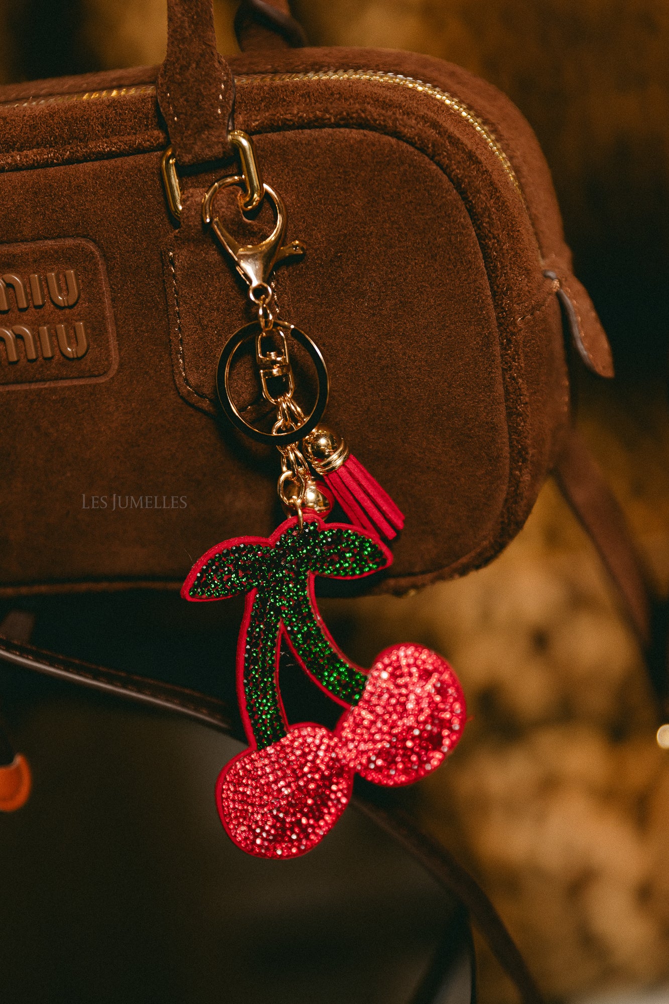 Cherry keychain strass dark green