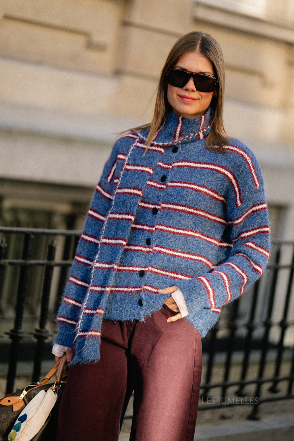 Faye gestreept cardigan marineblauw/wijnrood