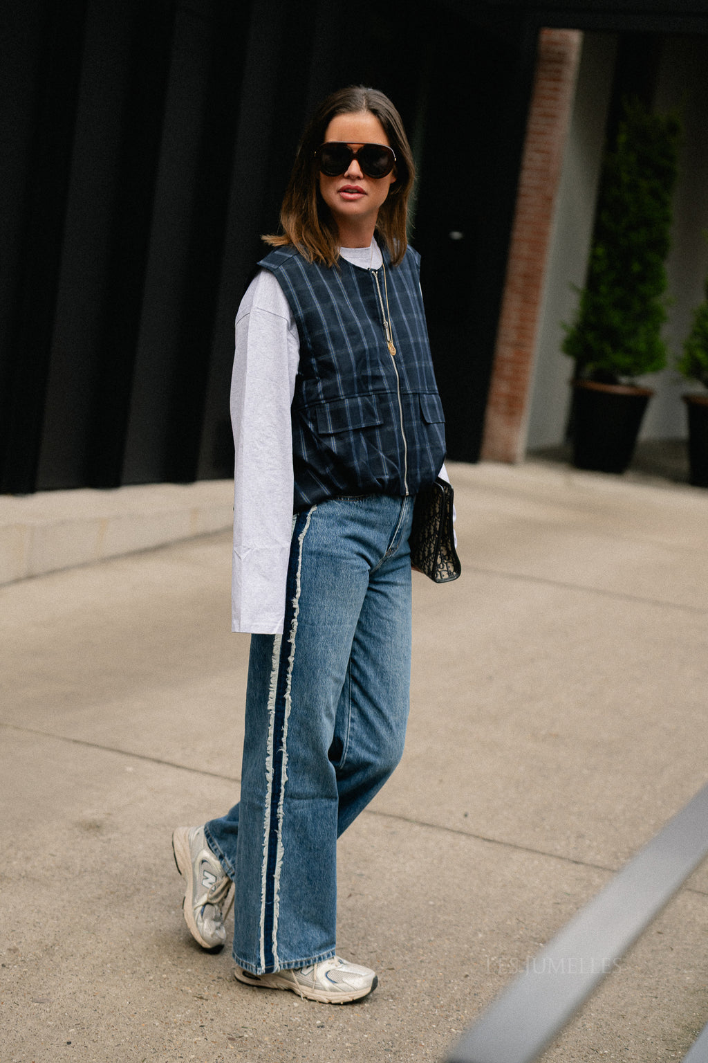 Jeanne Kariertes Ärmelloses Jackett Navy