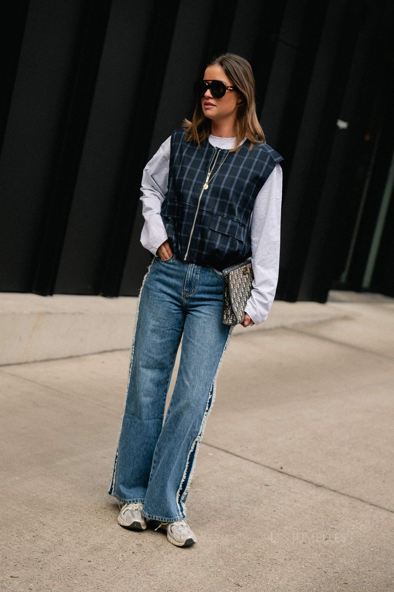 Jeanne Kariertes Ärmelloses Jackett Navy