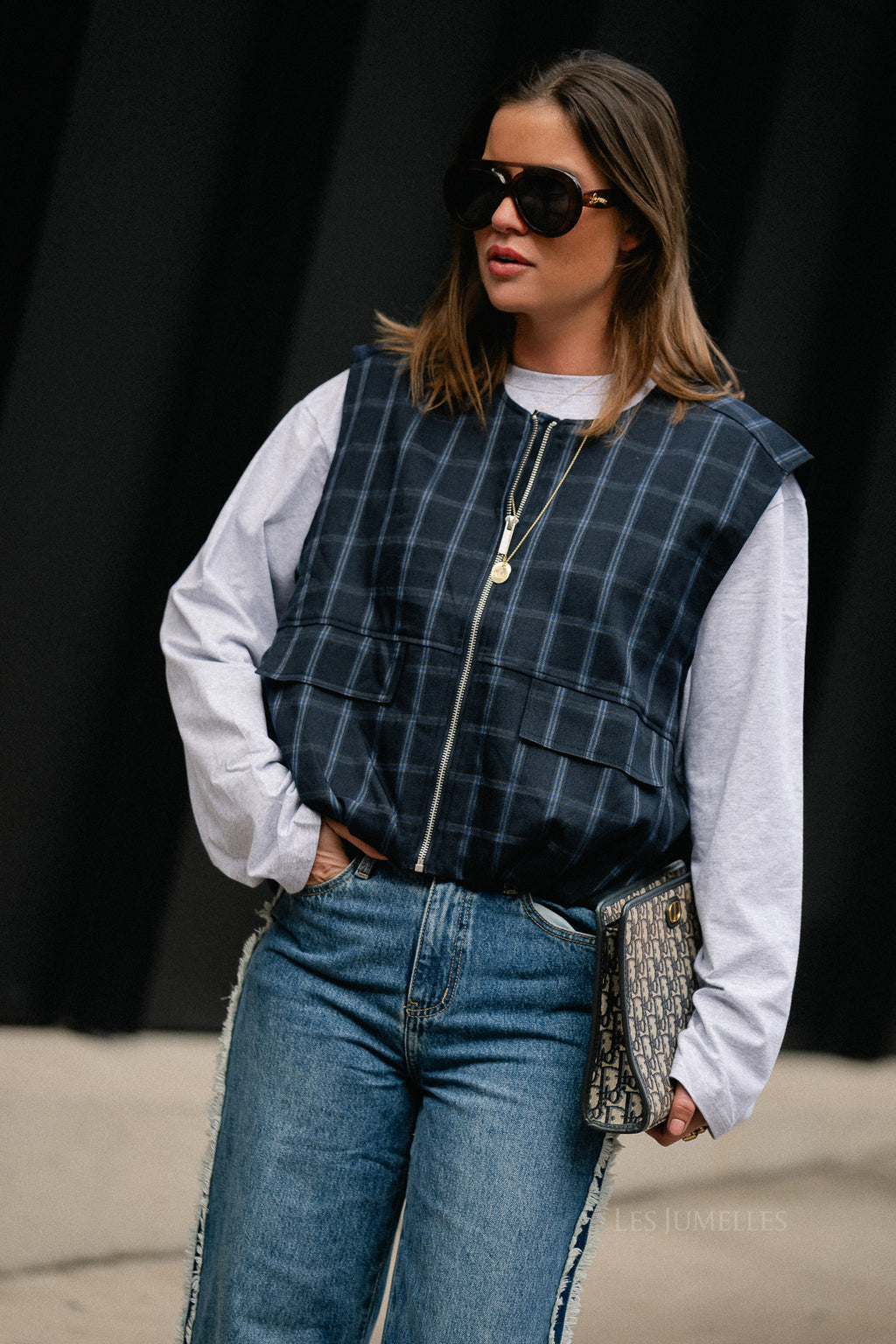 Jeanne Kariertes Ärmelloses Jackett Navy