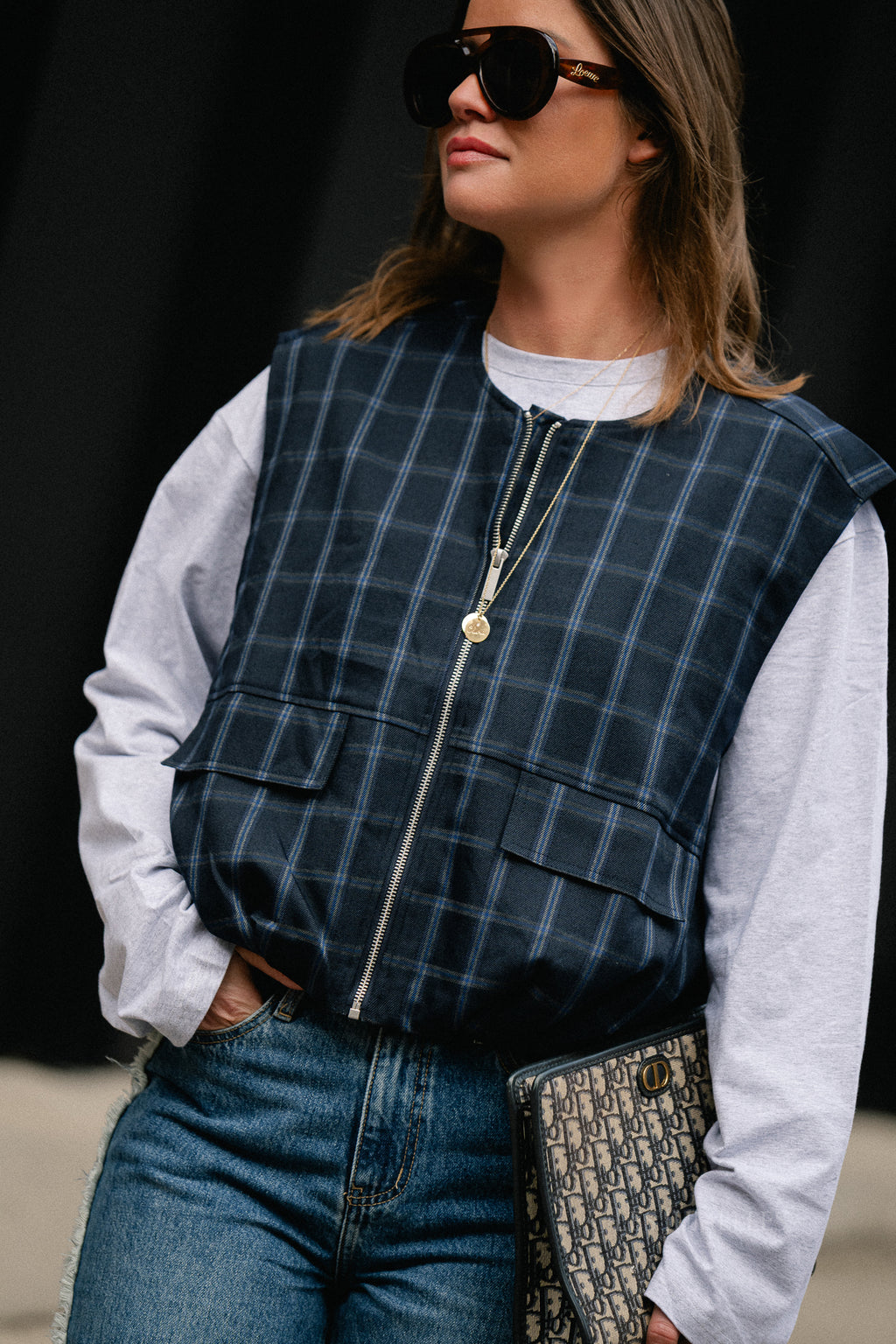 Jeanne Kariertes Ärmelloses Jackett Navy