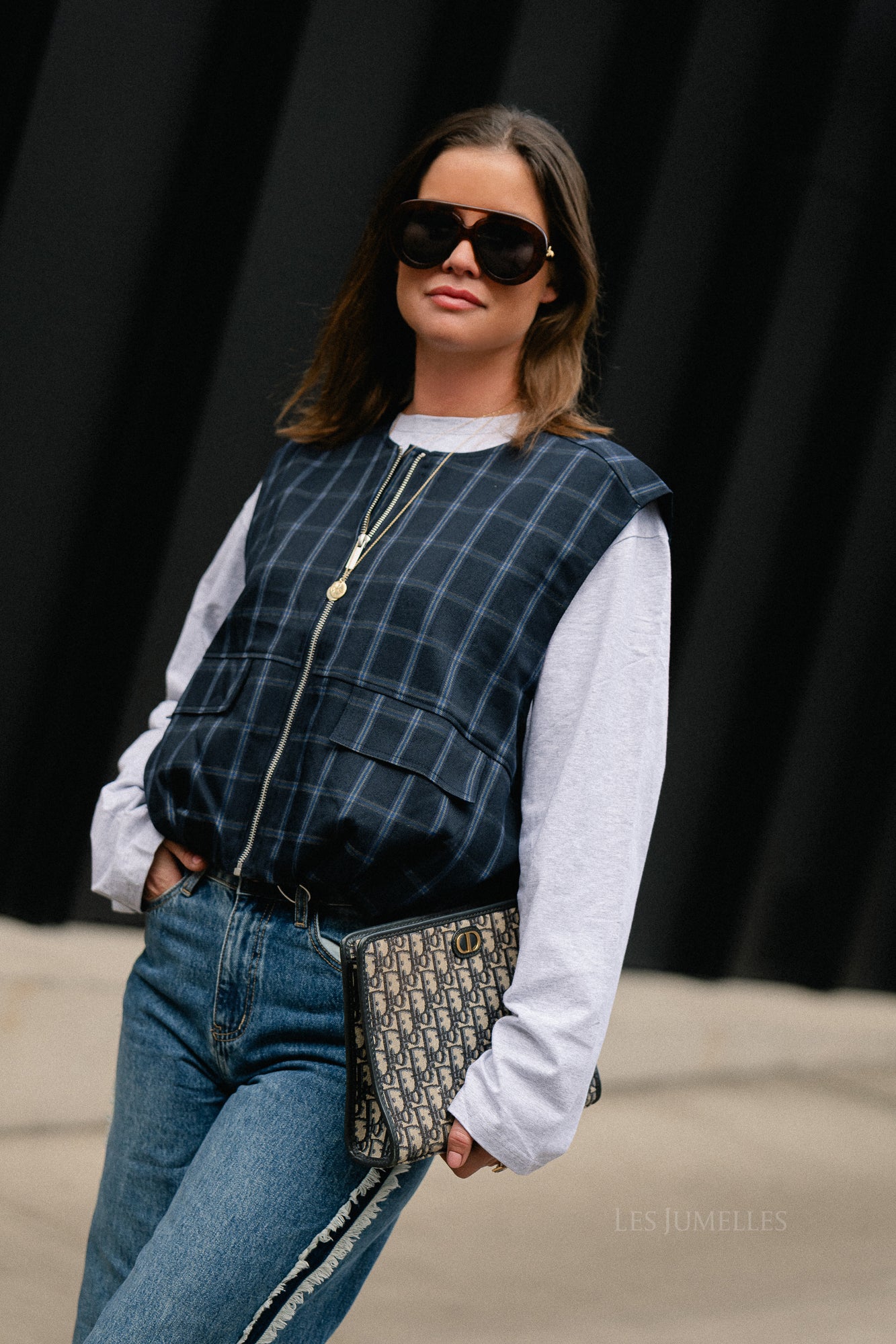 Jeanne Kariertes Ärmelloses Jackett Navy