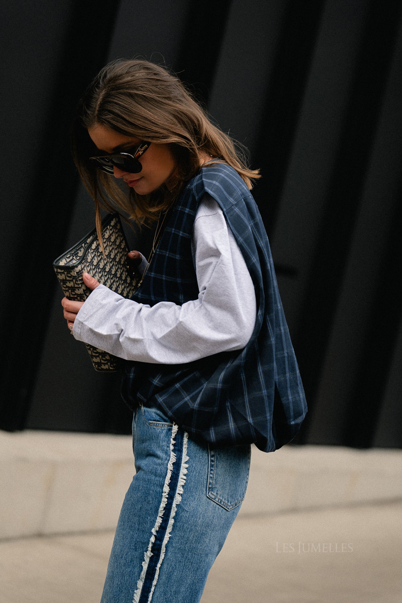 Jeanne Kariertes Ärmelloses Jackett Navy