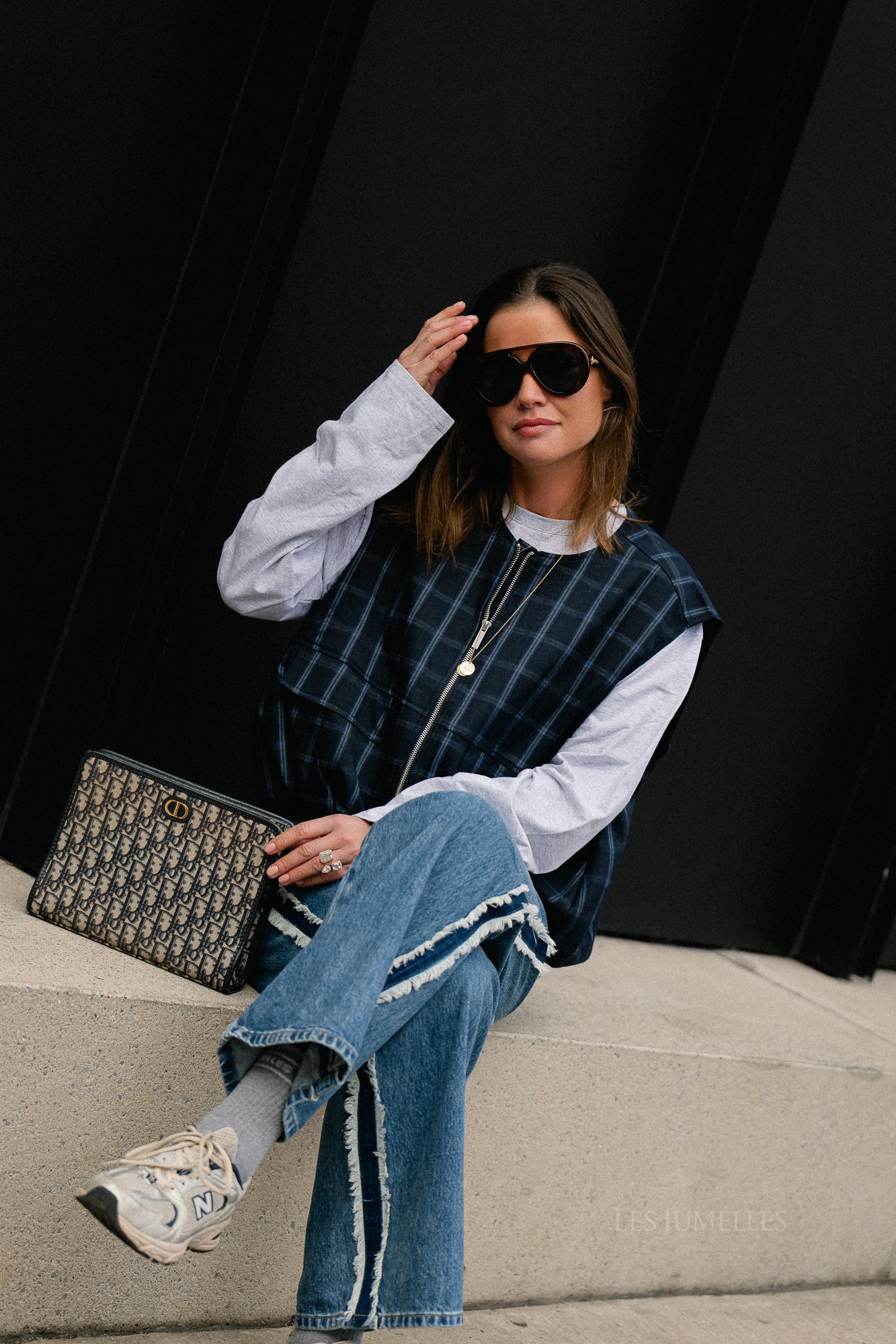 Jeanne Kariertes Ärmelloses Jackett Navy