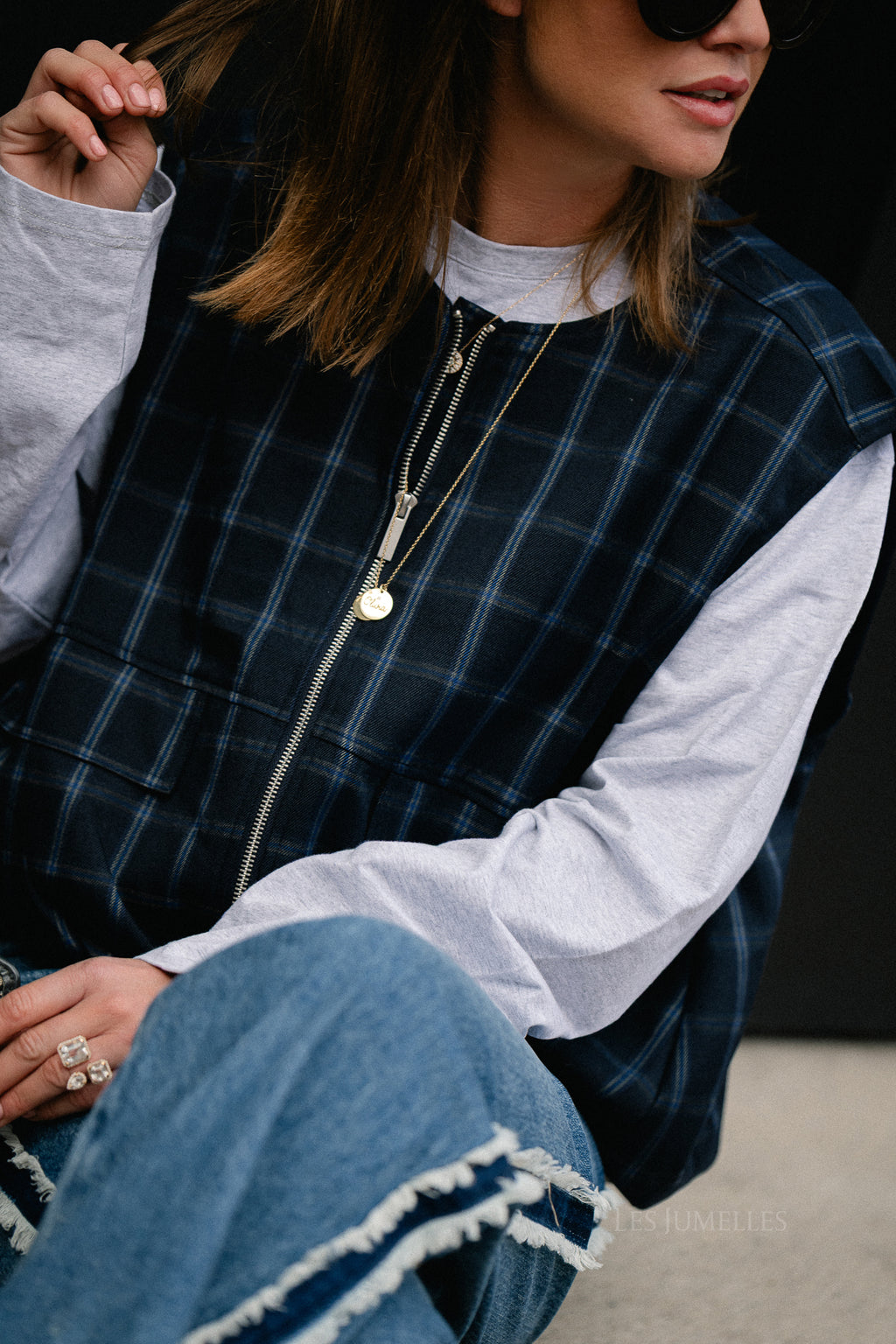 Jeanne Kariertes Ärmelloses Jackett Navy