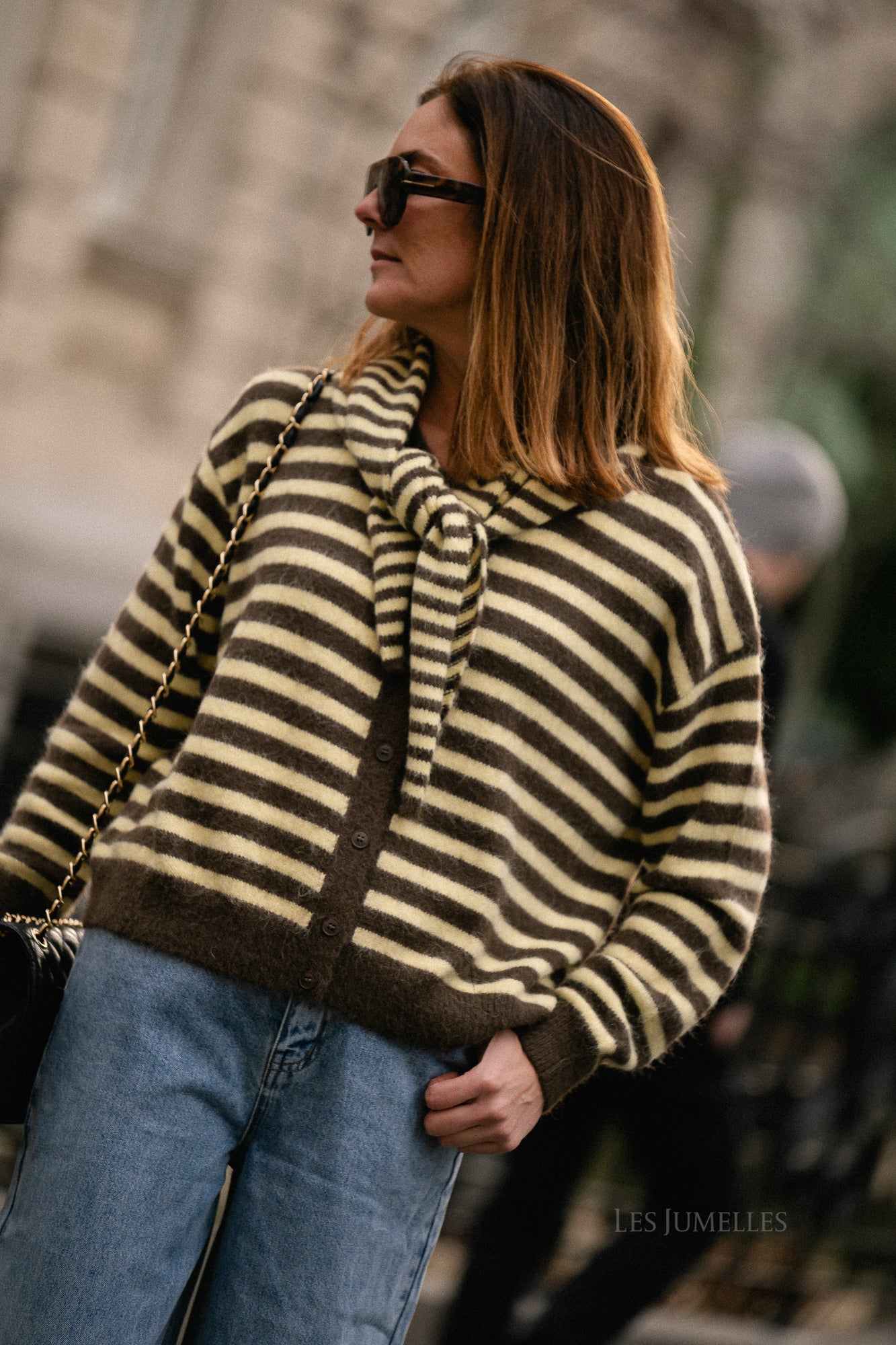 Gilet rayé Louise, chocolat chaud/jaune pastel