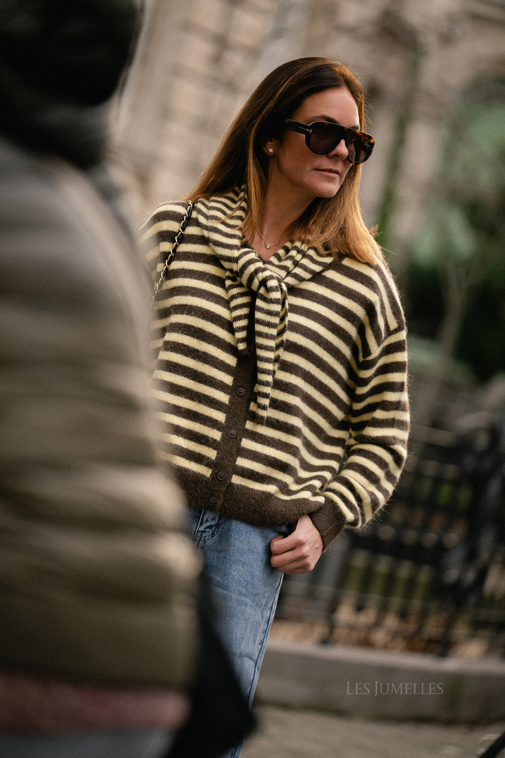 Louise gestreepte cardigan hot chocolate/pastelgeel