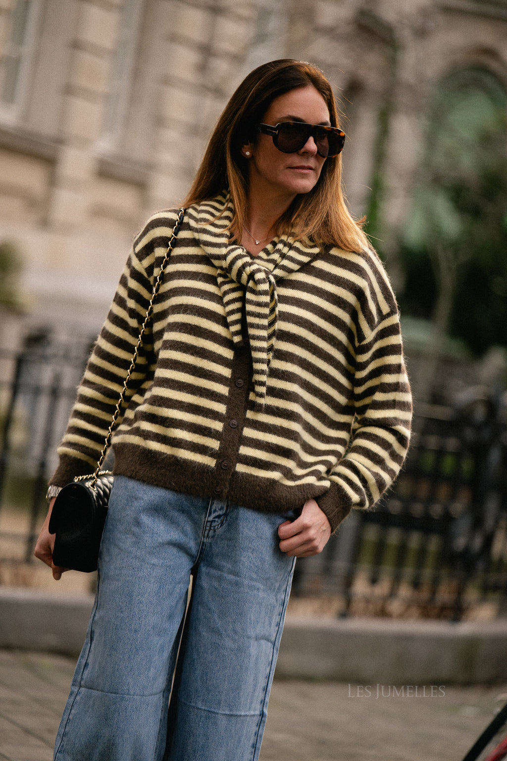 Louise gestreepte cardigan hot chocolate/pastelgeel