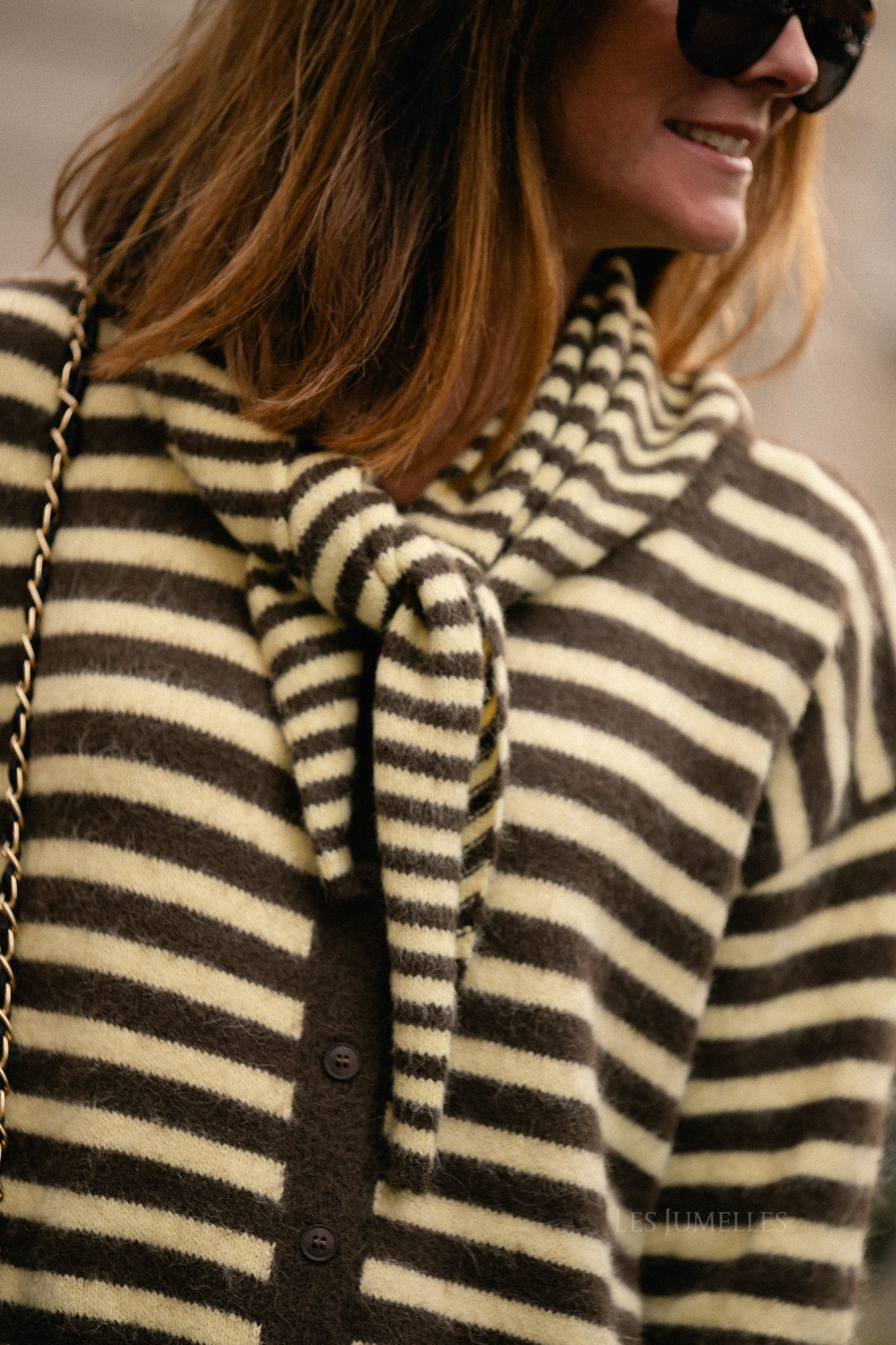 Louise striped triangle scarf hot chocolate/pastel yellow