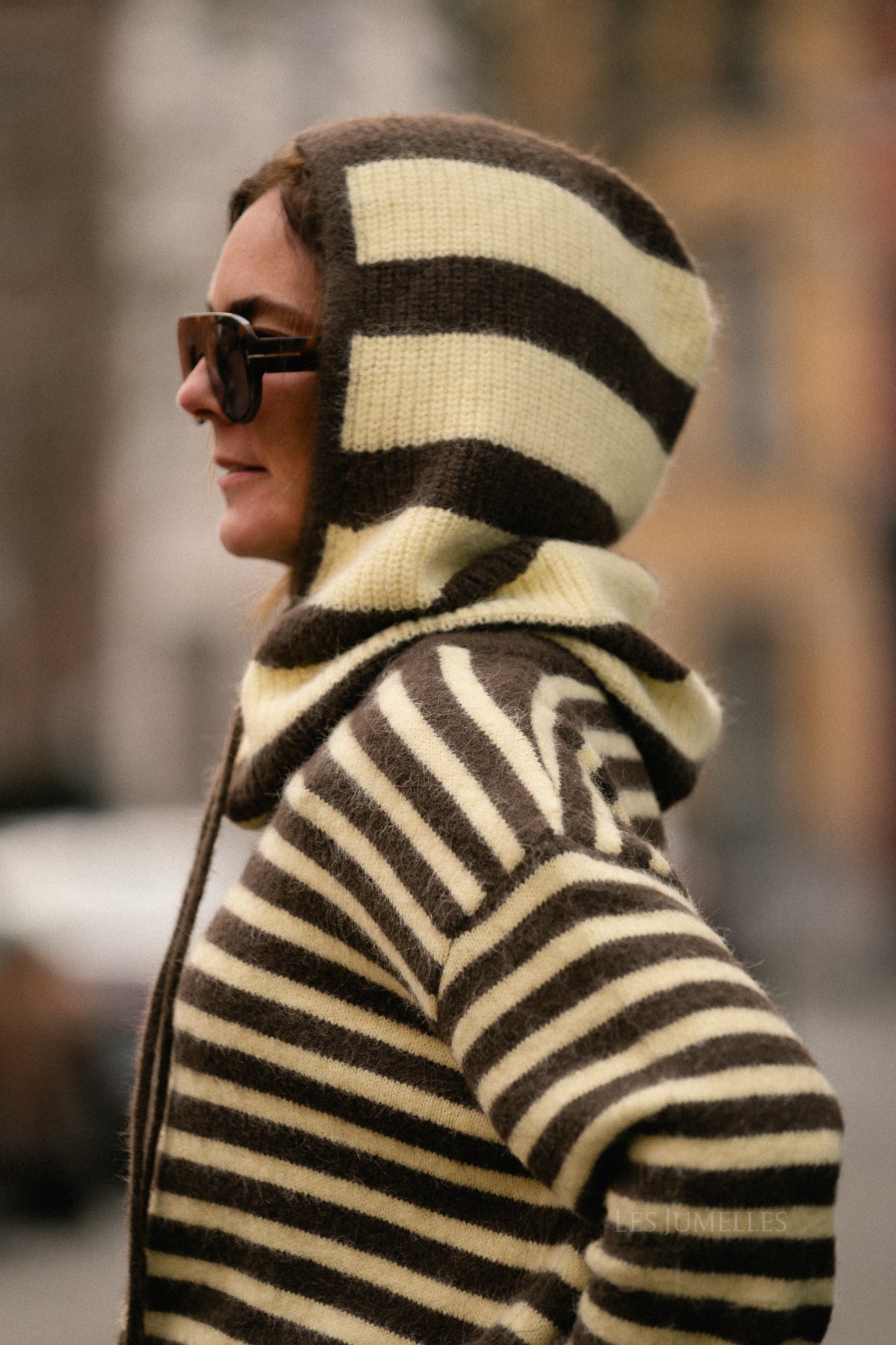 Marie striped balaclava hot chocolate/pastel yellow