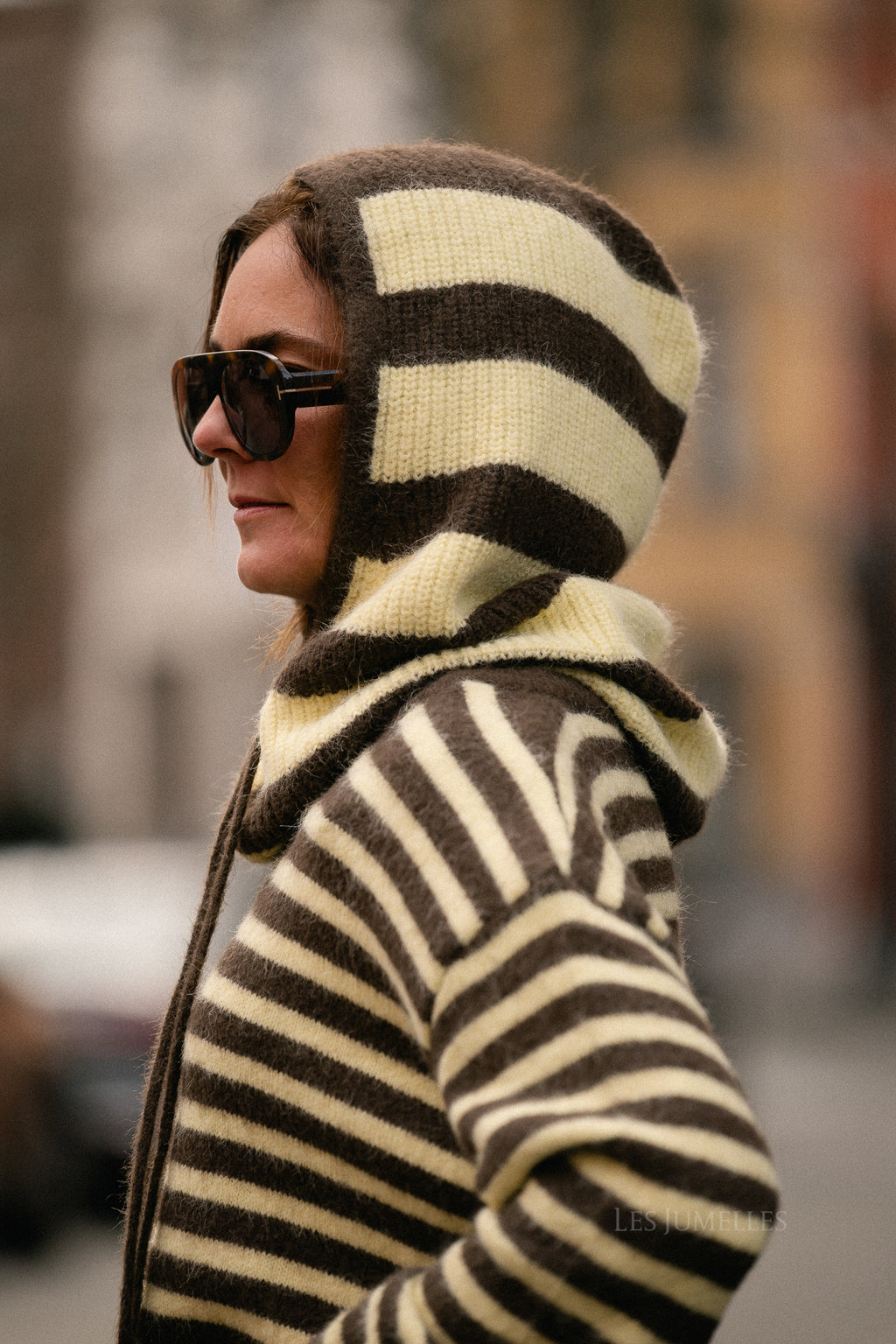 Marie striped balaclava hot chocolate/pastel yellow
