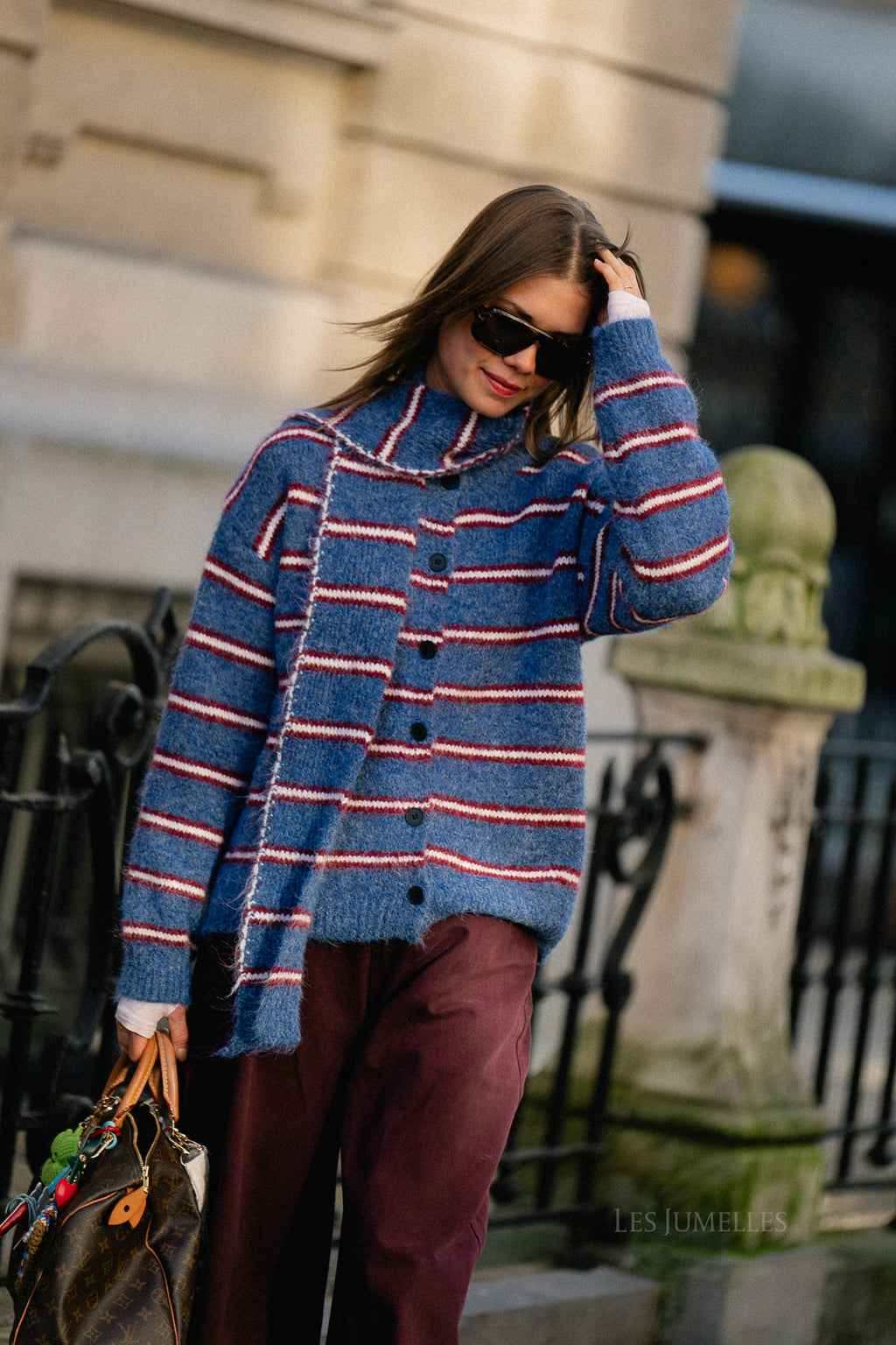 Faye gestreept cardigan marineblauw/wijnrood