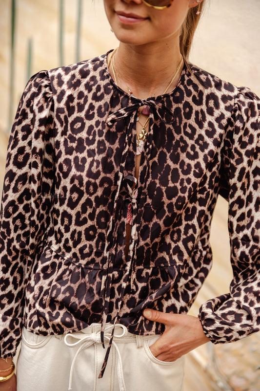 Les Jumelles Padma peplum tie blouse leopard