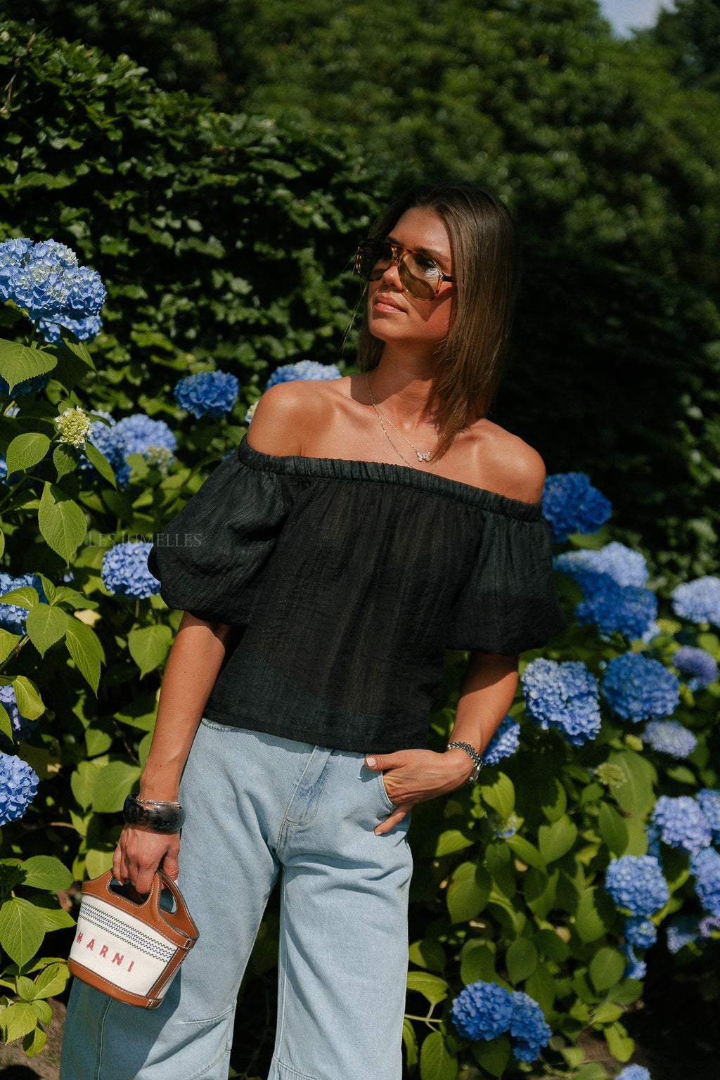 Emma sheer off shoulder top black