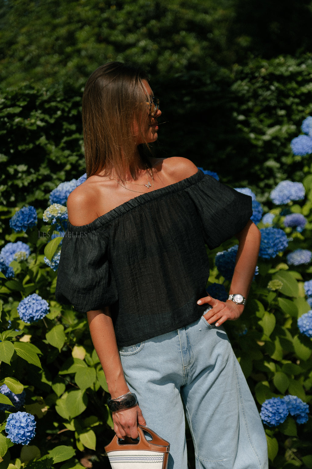 Emma sheer off shoulder top black