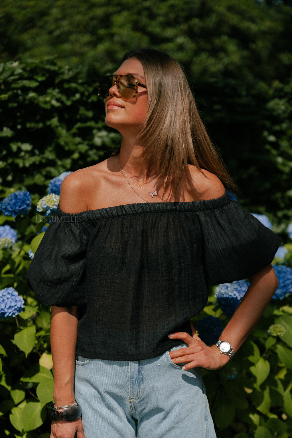 Emma sheer off shoulder top black