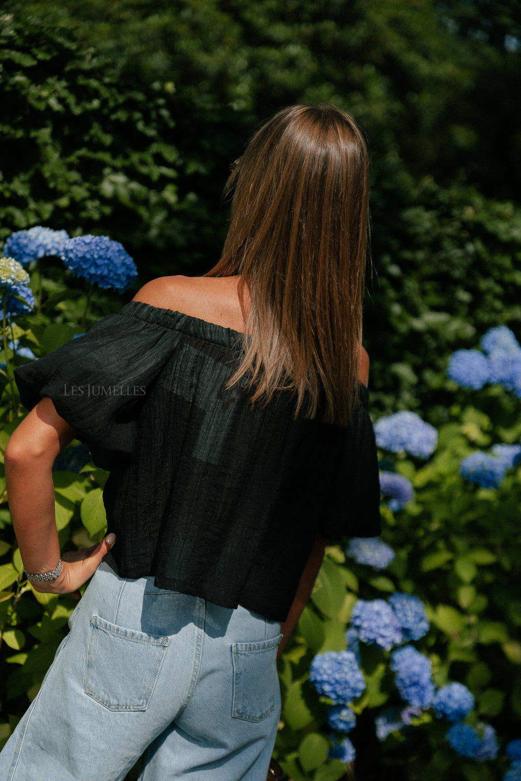 Emma sheer off shoulder top black