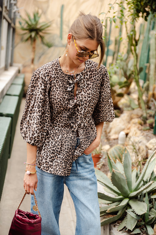 Les Jumelles Lisa peplum tie blouse leopard