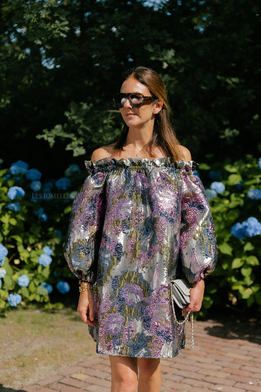 Les Jumelles Blanche jacquard dress flowers pink