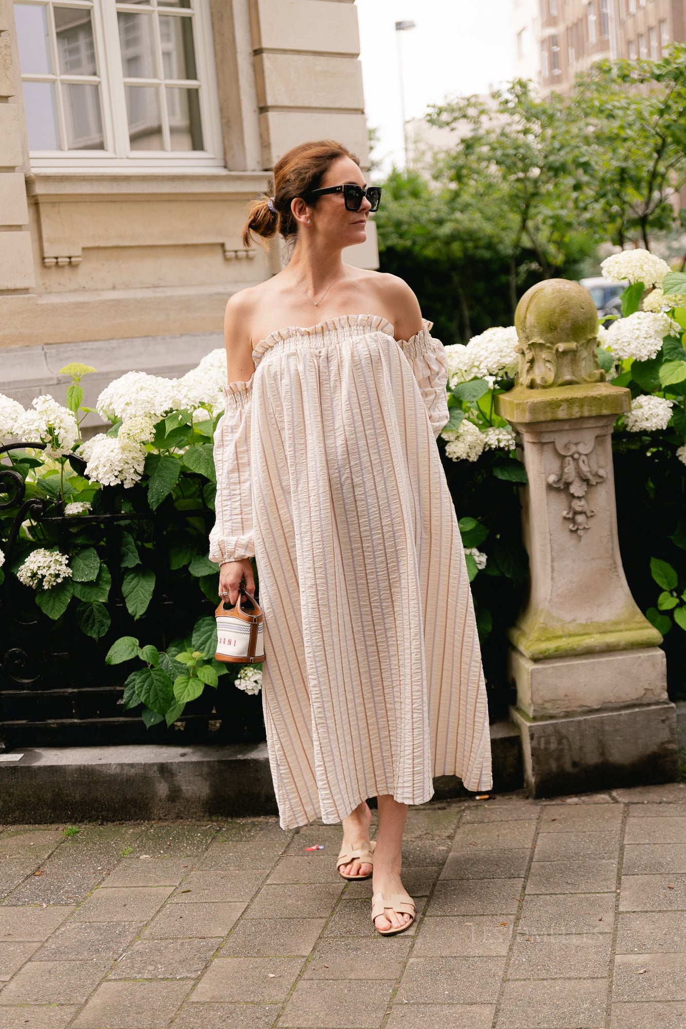 Ophelia off shoulder striped dress ecru