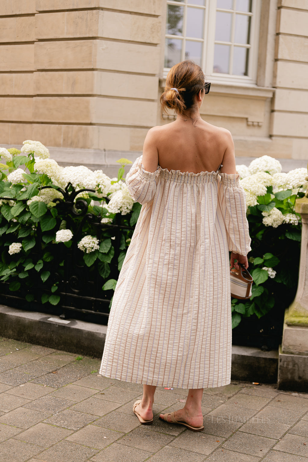 Ophelia off shoulder striped dress ecru
