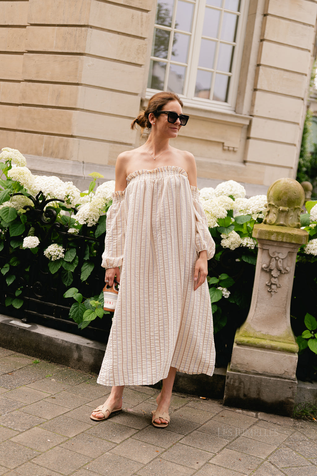 Ophelia off shoulder striped dress ecru