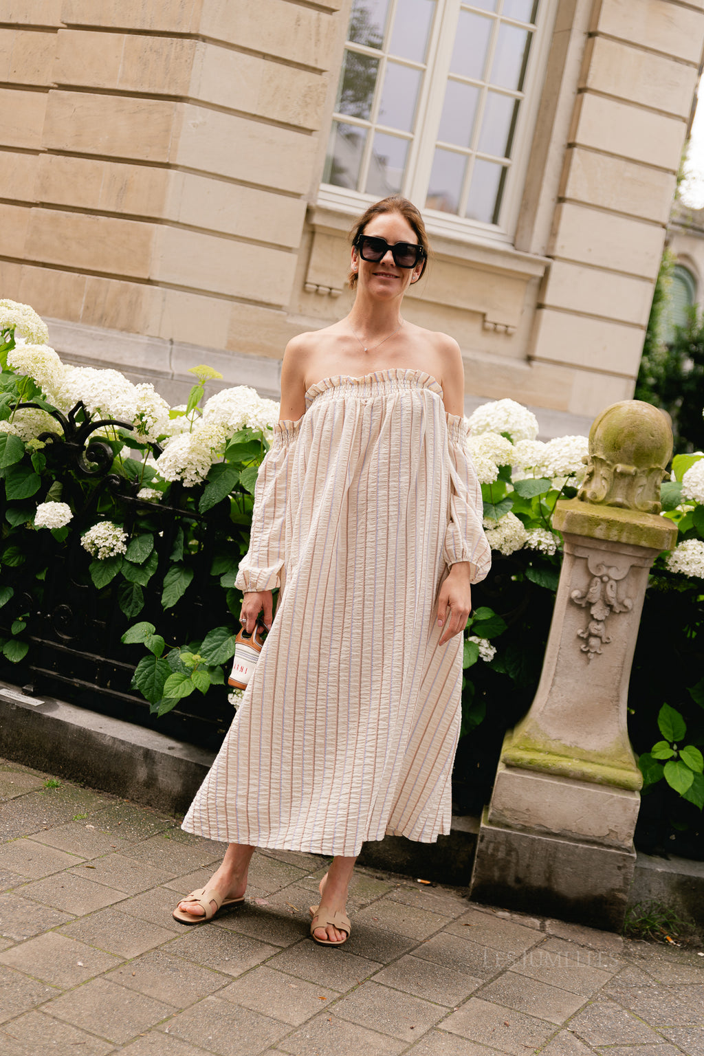 Ophelia off shoulder striped dress ecru
