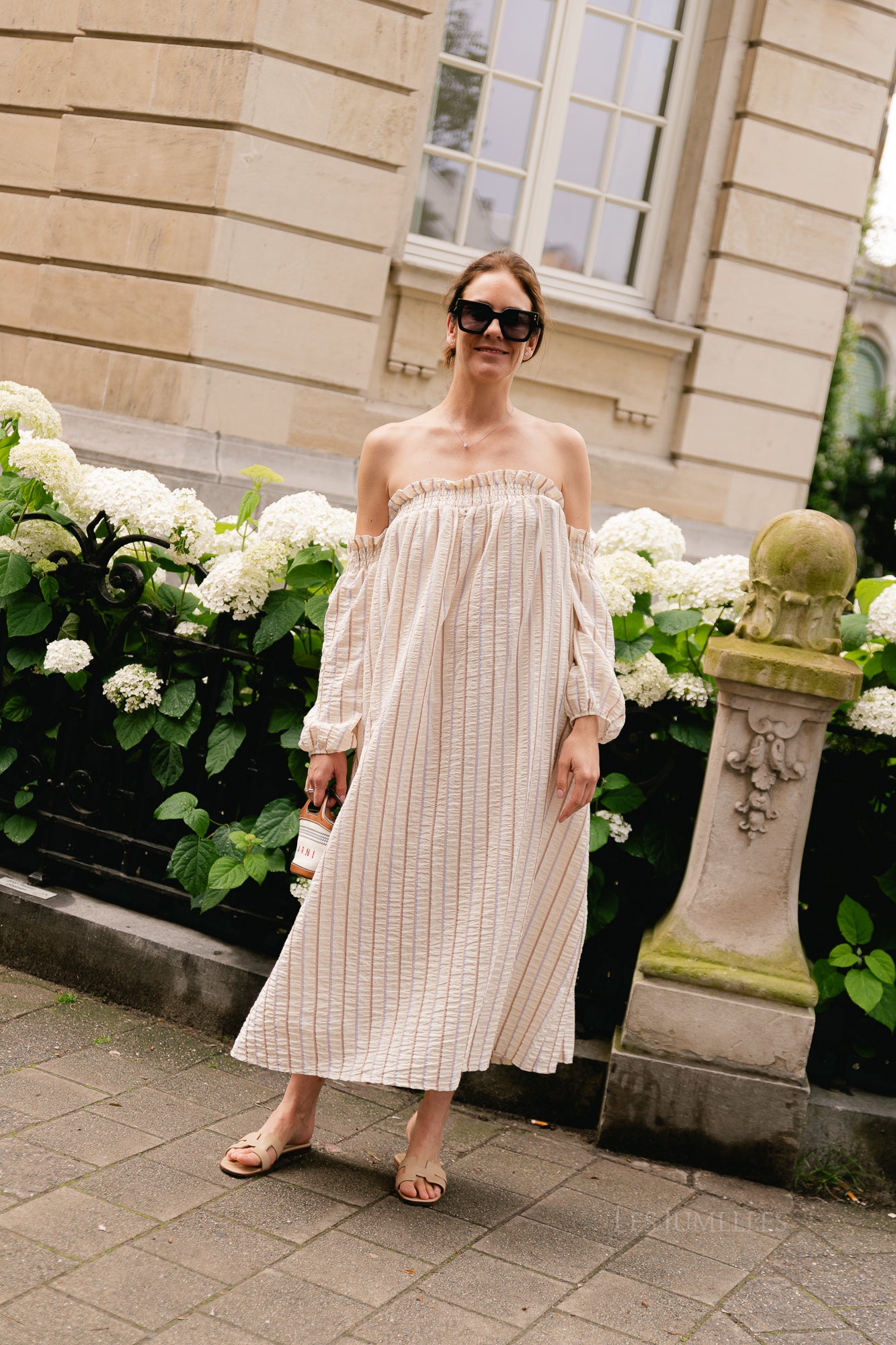 Ophelia off shoulder striped dress ecru