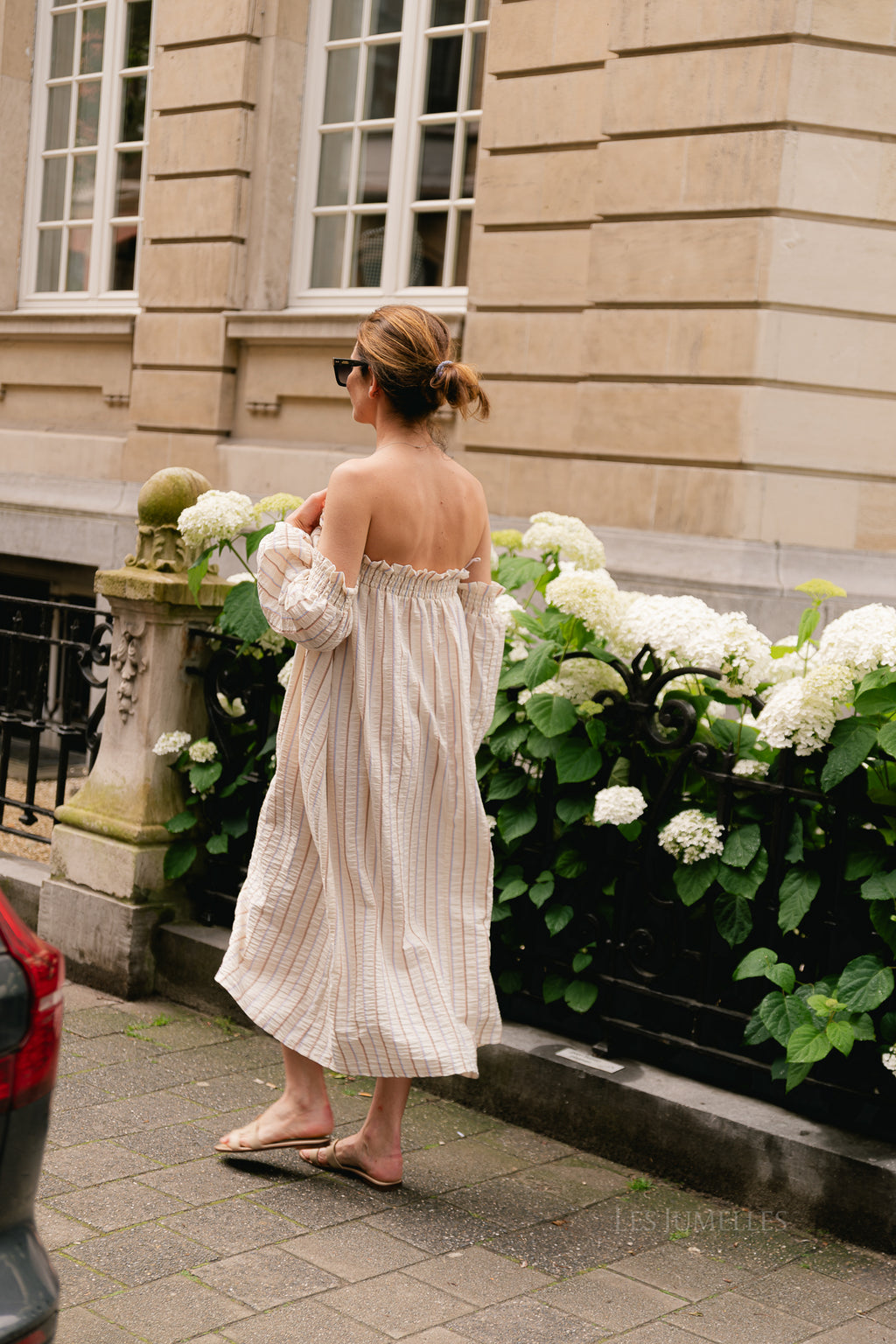 Ophelia off shoulder striped dress ecru